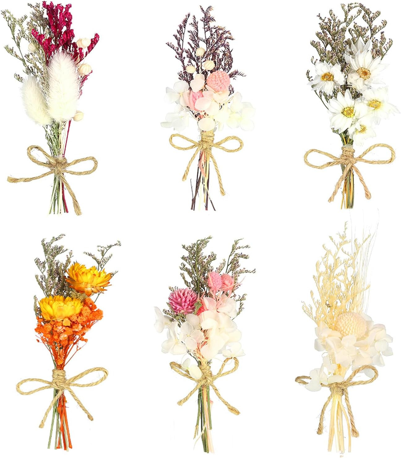 6Pcs Mini Dried Flowers Bouquet, Mixed Natural Dried Flowers Gypsophila Bouquets