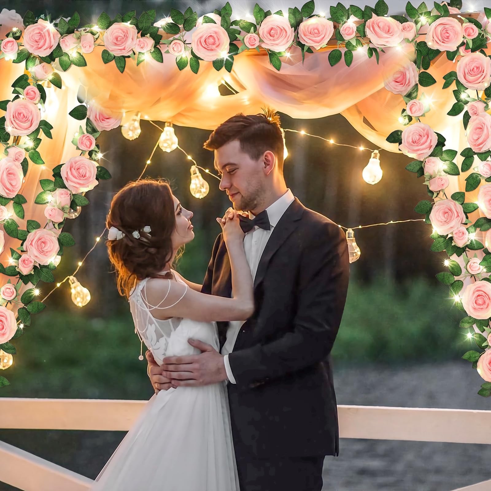 4 Pcs Pink Floral Garland with 39.2 Ft Lights – Fake Flower Decor for Weddings,