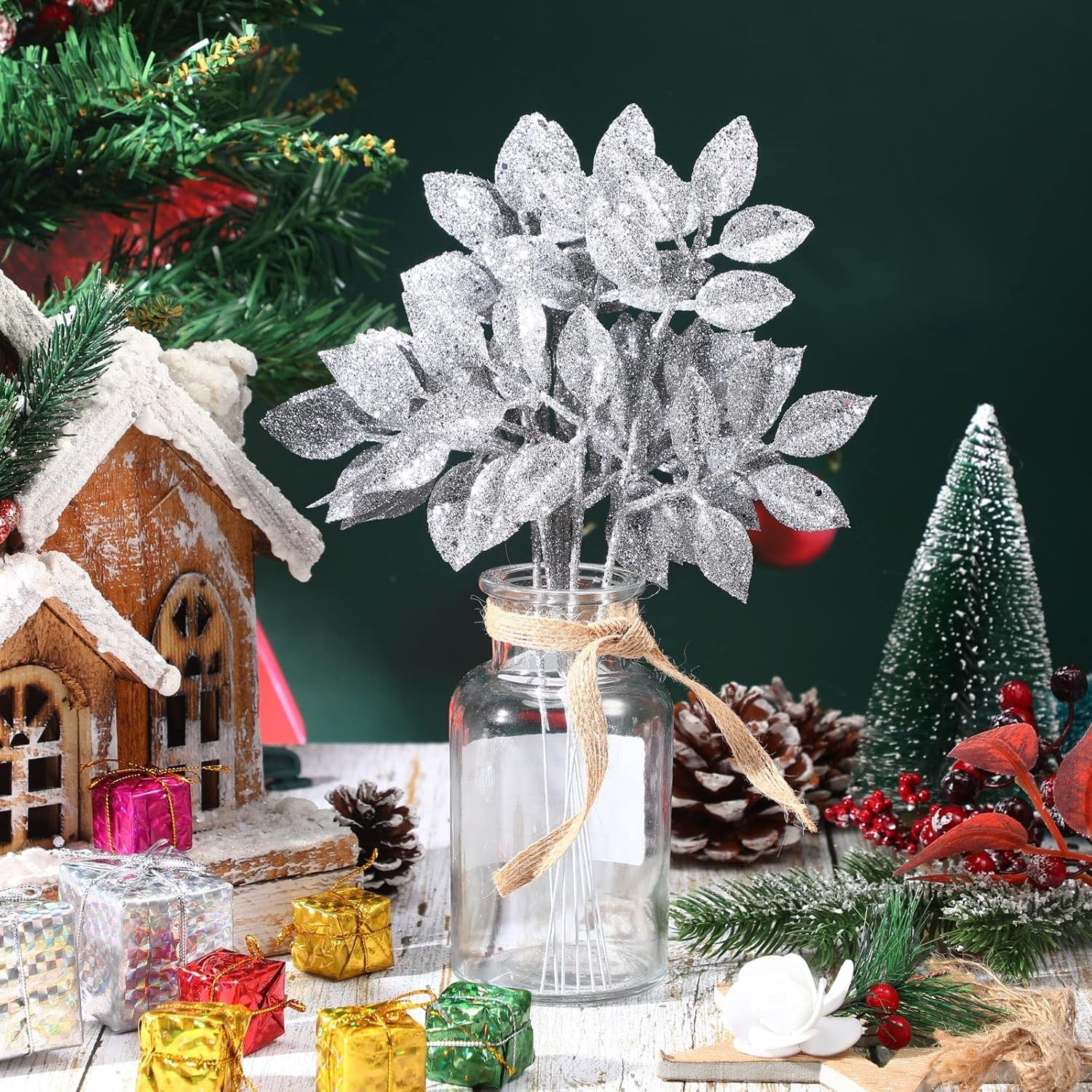 30 Pcs Christmas Glitter Leaves Picks 12 Inch Artificial Xmas Tree Silver