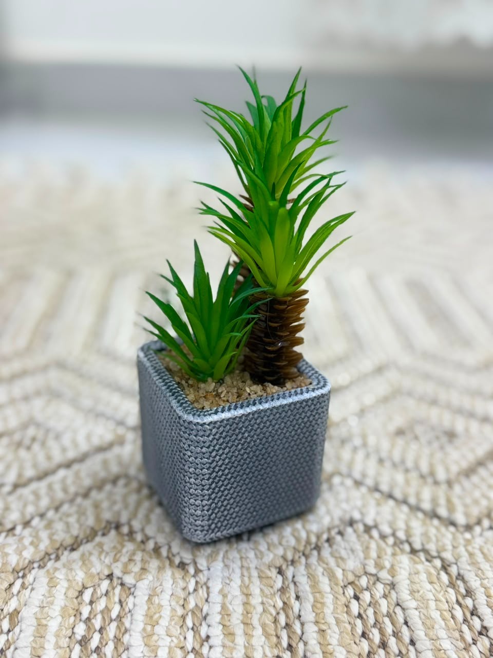 Mini Artificial Potted Palm Tree Fake Greenery Plant Woven Pot Desk Shelf Decor
