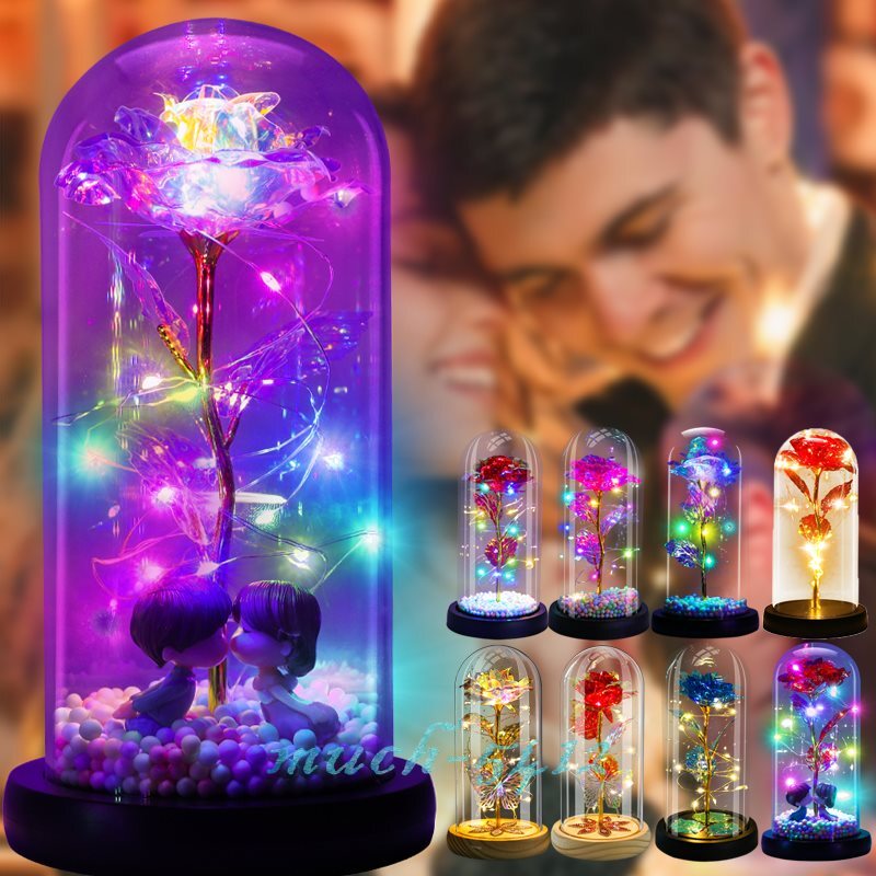 Preserved Eternal Gold Foil Rose In Glass Galaxy Flower Dome LED Light Gift Her