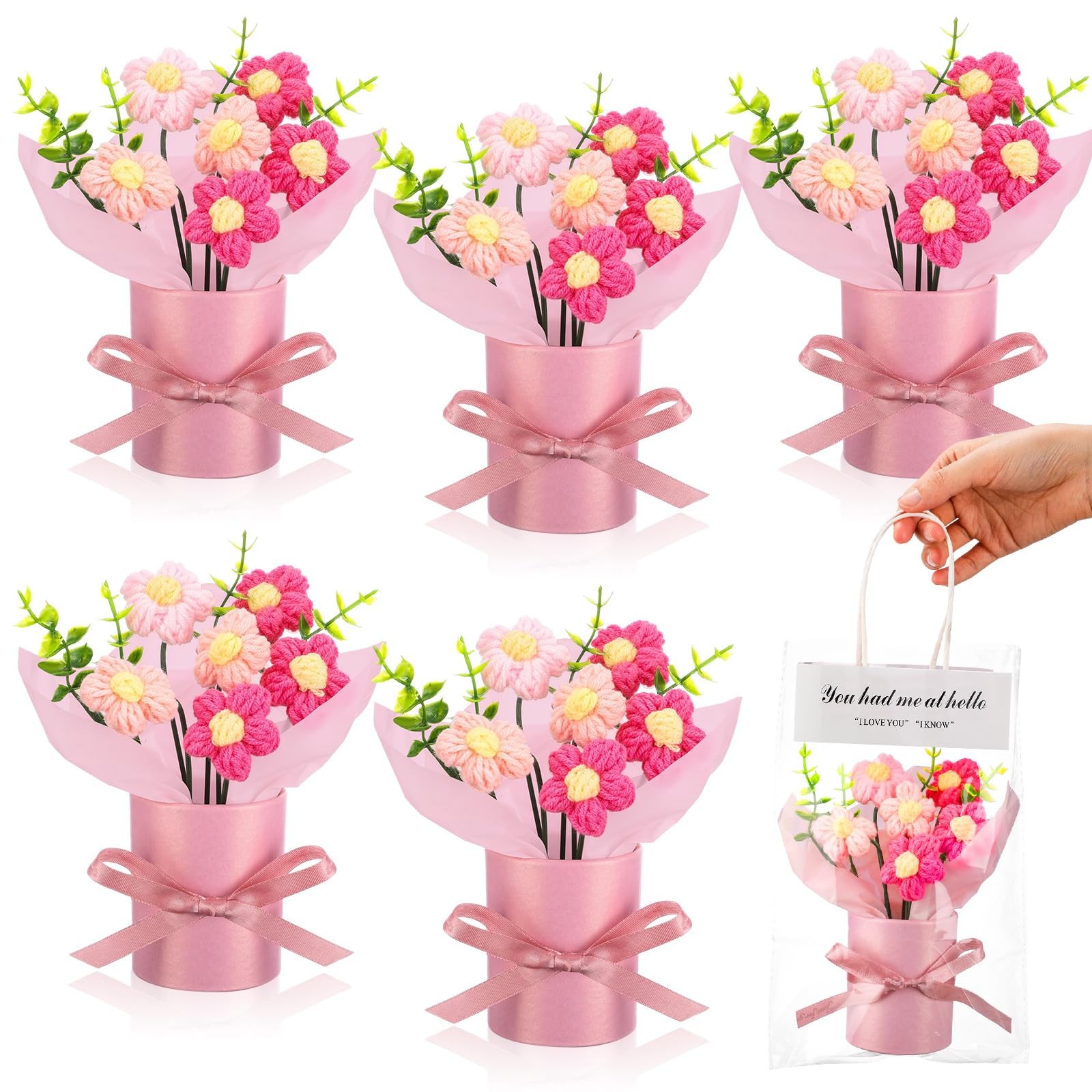 6 Sets Pink Mini Crochet Puff Flowers Potted Plants 4.7×5.9 Inch Gift Decor