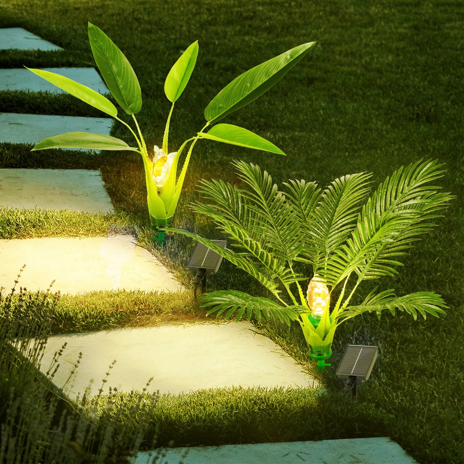 2PCS Artificial Plants Outdoor w/Solar Lights Garden Stake Lights Pathway Lights