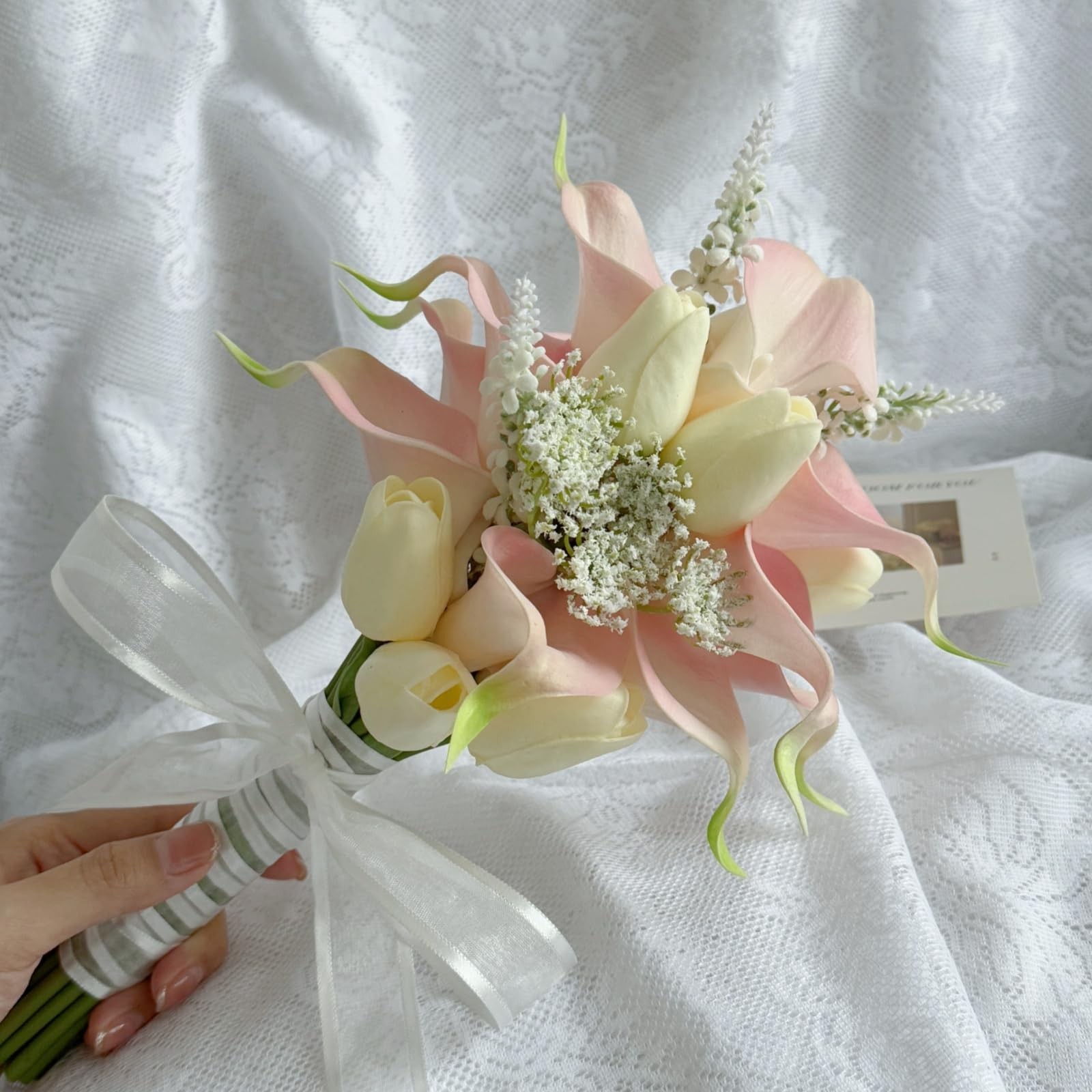 Cream Pink Artificial Calla Lilies Tulip Flowers Bridesmaid Bouquet Set