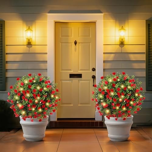 Artificial Boxwood Topiary Ball with LED Lights,23.6” Artificial Red Flowers