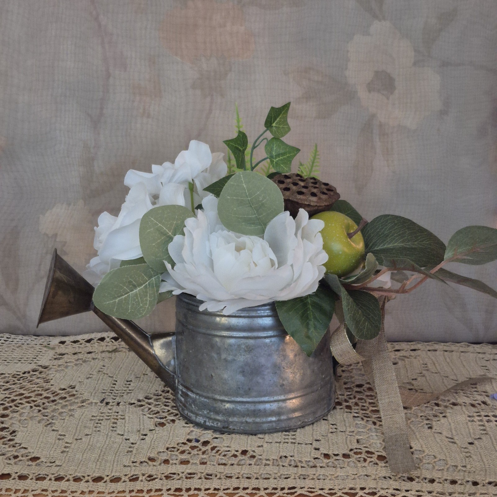 Floral Centerpiece, Vintage Metal Watering Can Cottagecore Faux Flowers