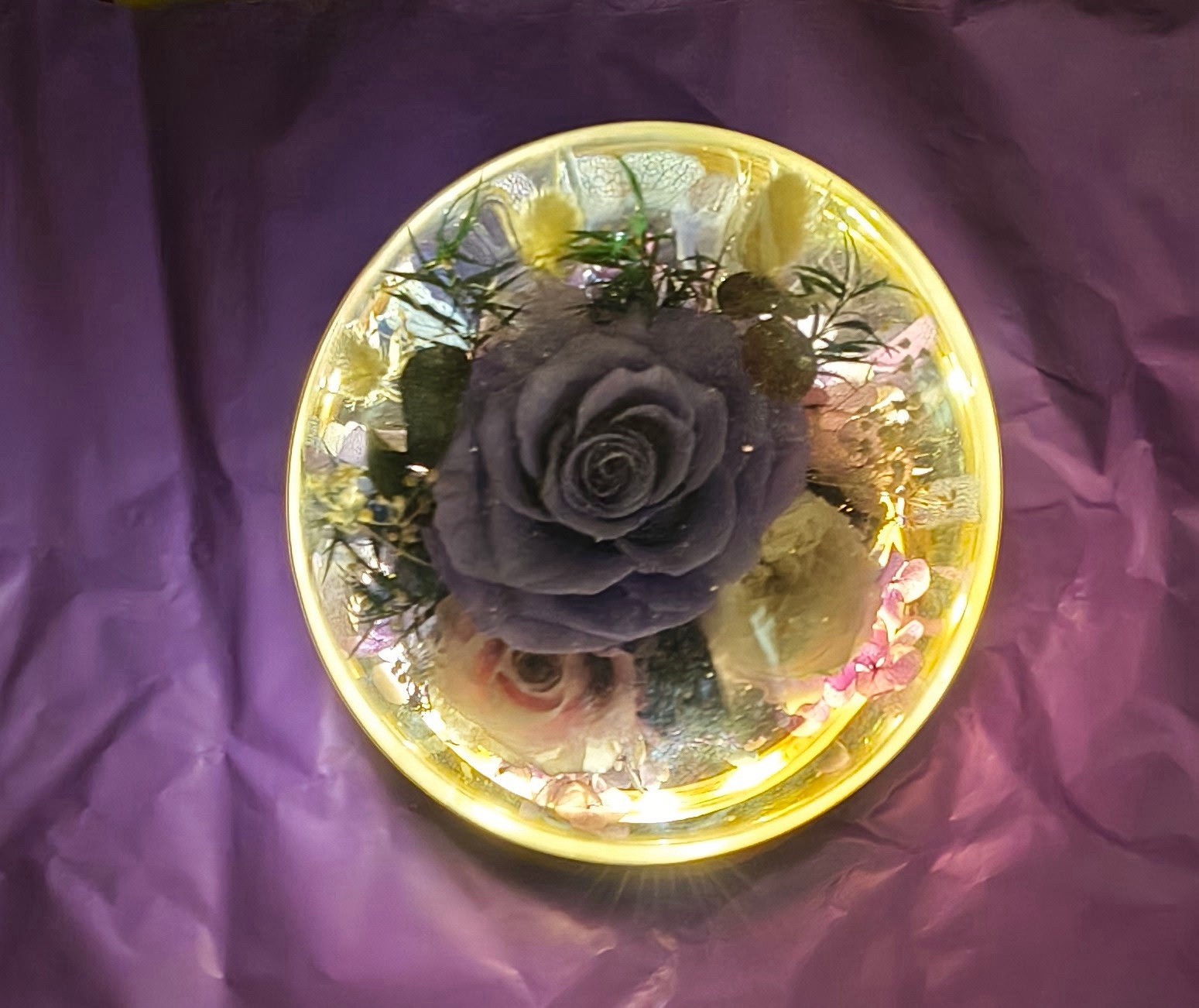 Artificial Rose Floral Arrangement Glass Dome with LED Lights, Purple White