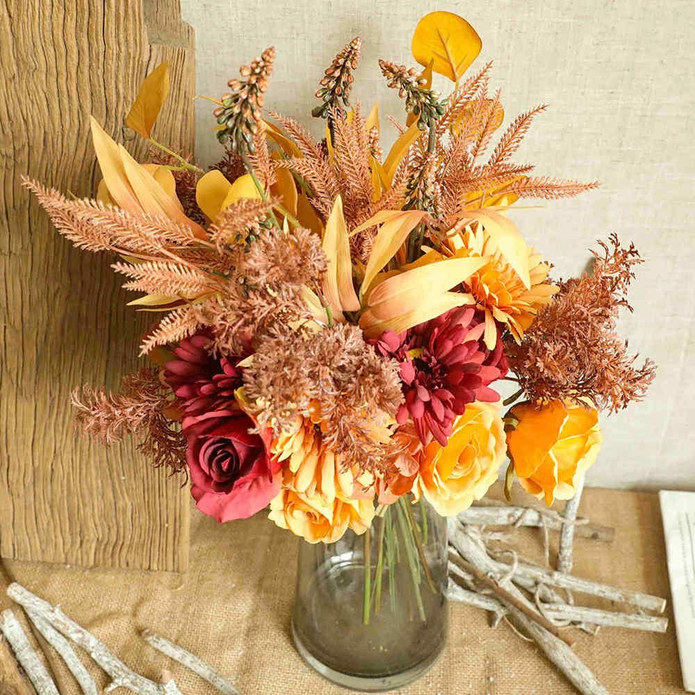 Artificial Fake Silk Plant Floral Table Centerpiece Autumn Red Wedding Decor