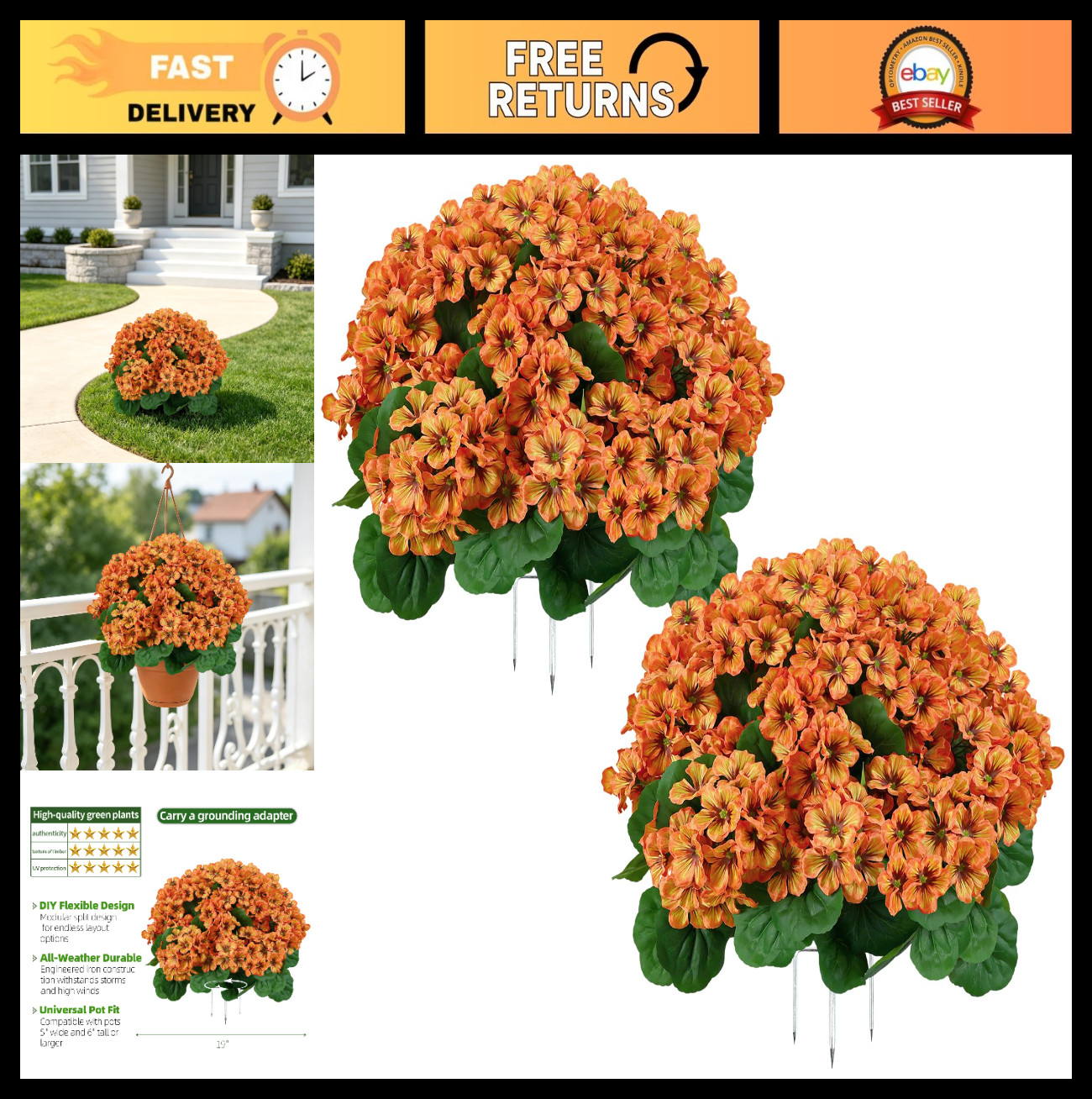 18″ Faux Geranium Flower Ball – UV Resistant Fall Decor for Porch, Garden & Than