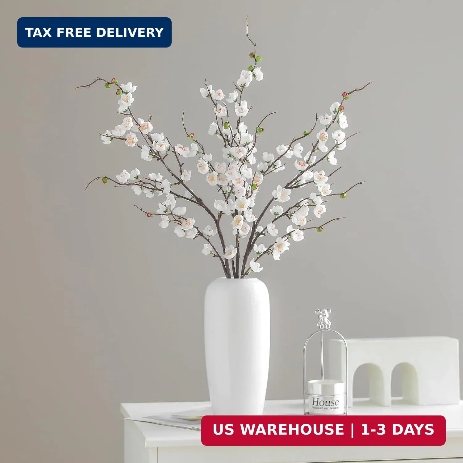 Artificial White Cherry Blossom Branches 3Pcs 37.8″ Faux Silk Cherry Blossom, Fa