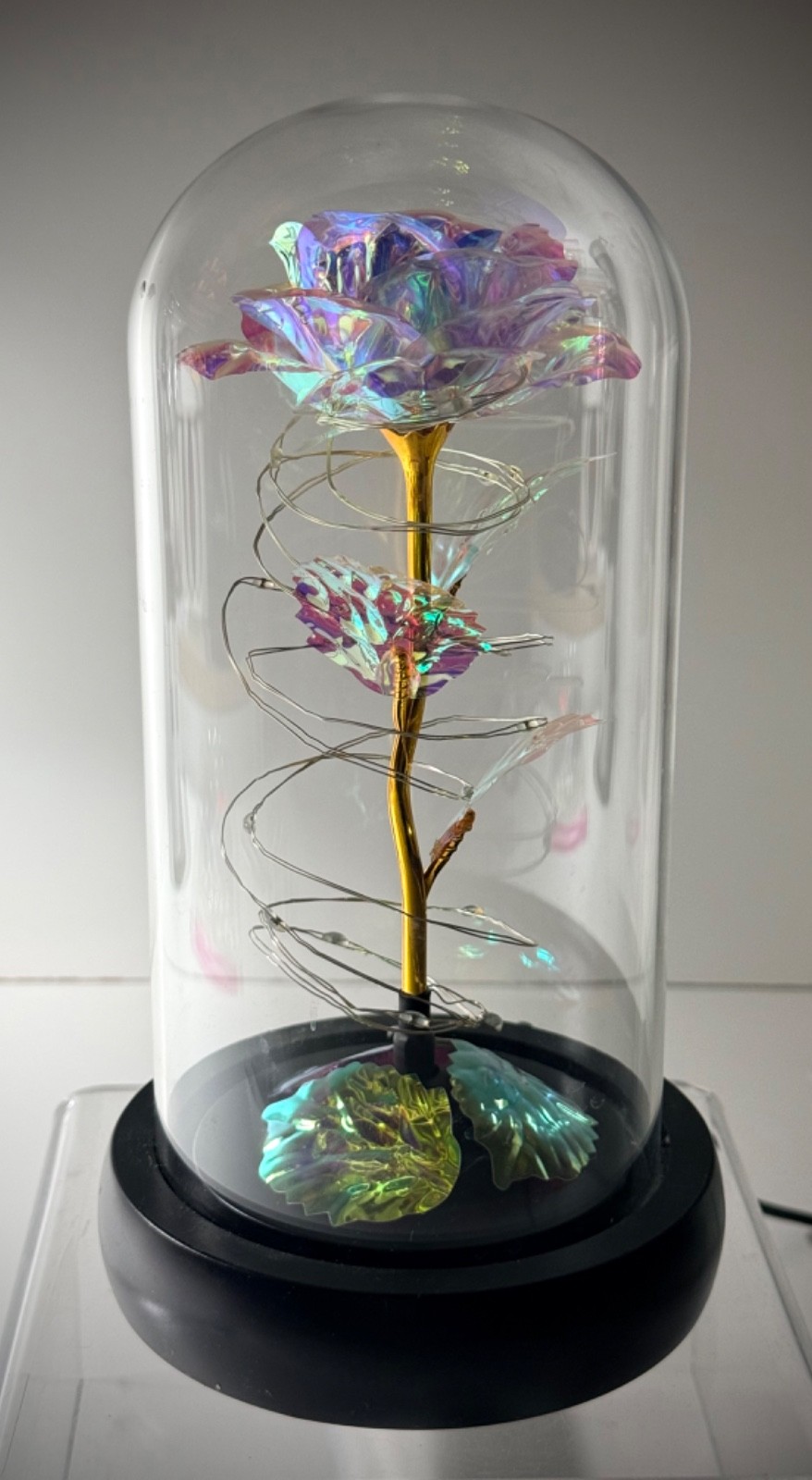 REVOLVING / MULTI-COLOR CHANGING LED LIGHT UP ROSE UNDER GLASS DOME