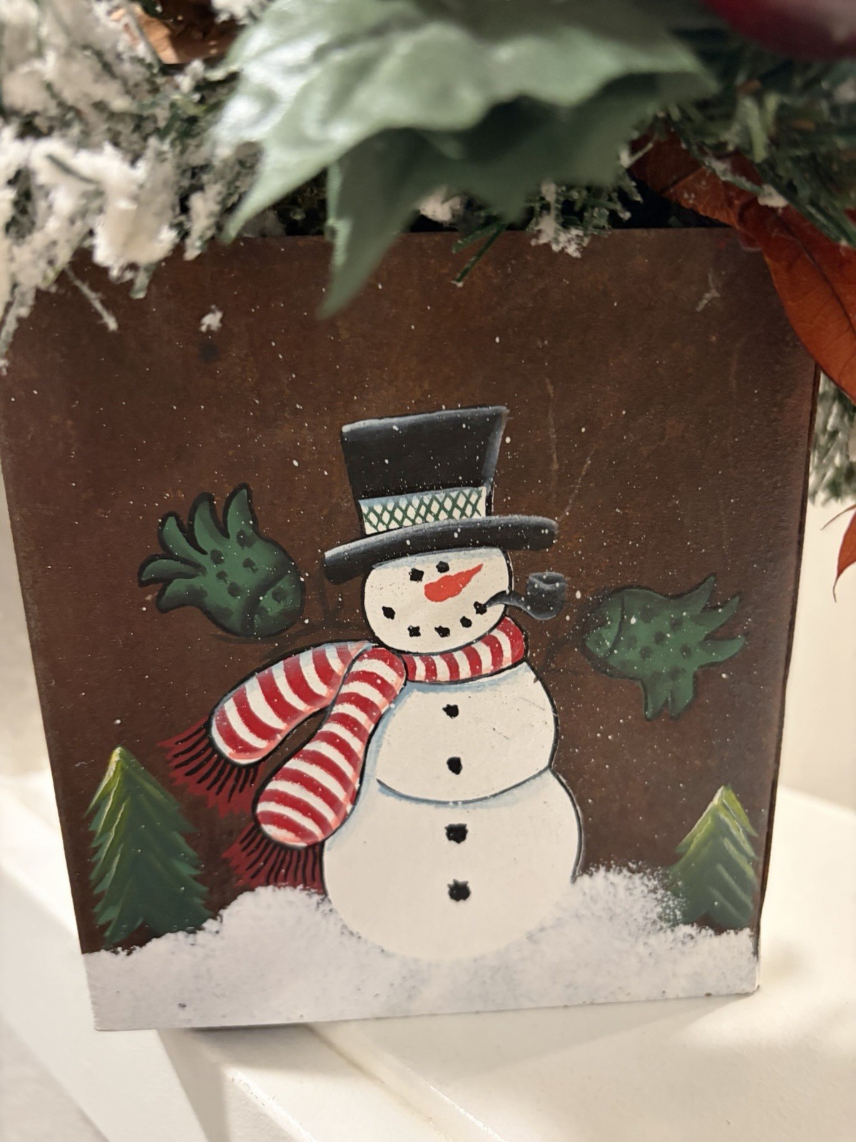 Painted Snowman Tin Bucket w Artificial Pine Table/Wall Arrangement ~Christmas