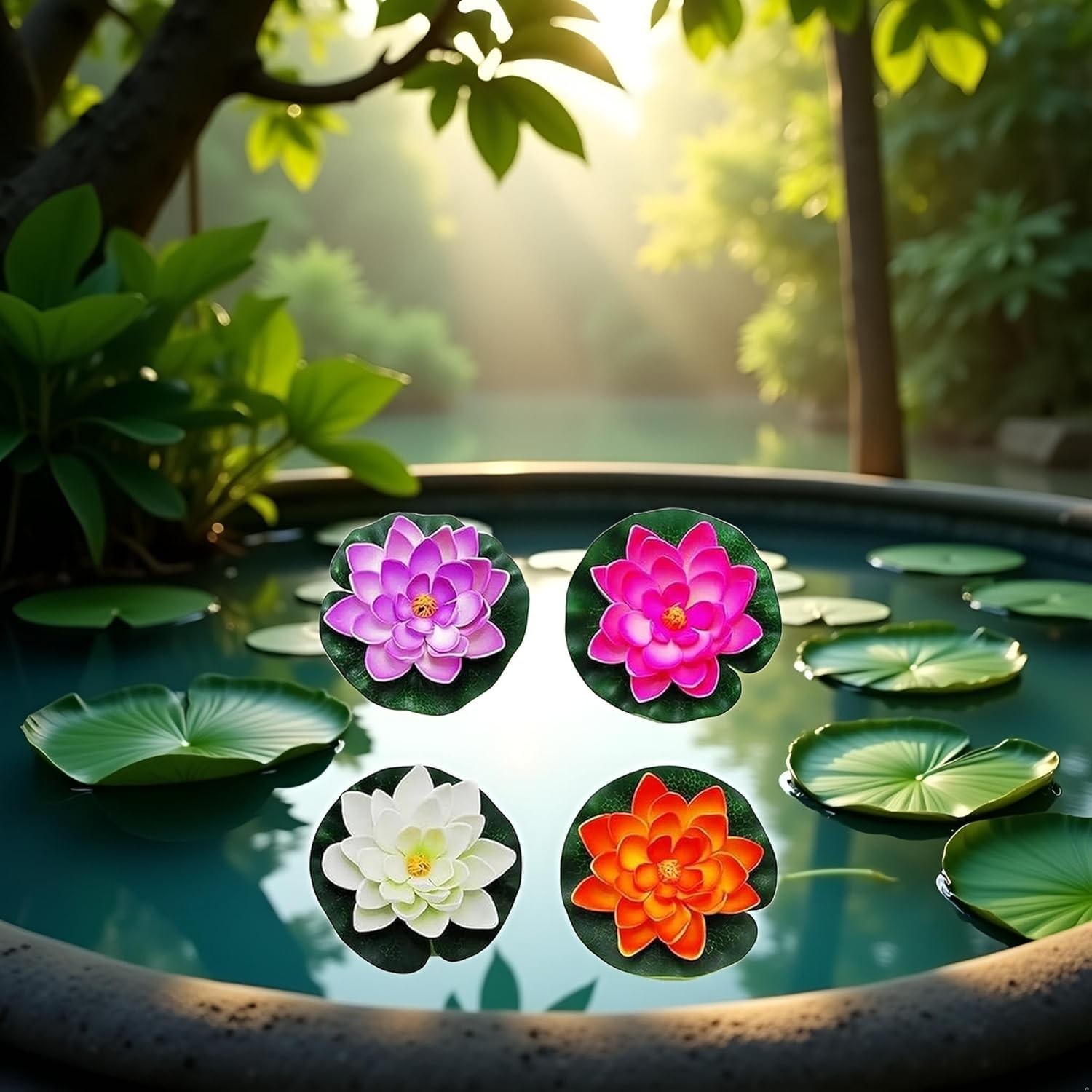 4Pcs Artificial Flowers Water Lily Foam Lotus Flower Pond Decor for Pond Pati…