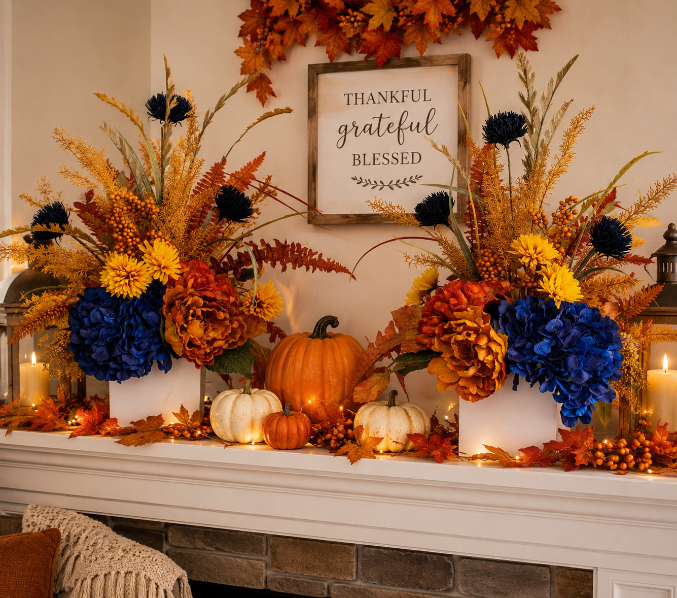 Set of 2 Large Fall Floral Arrangements, Blue Hydrangea Autumn Mantel Decor