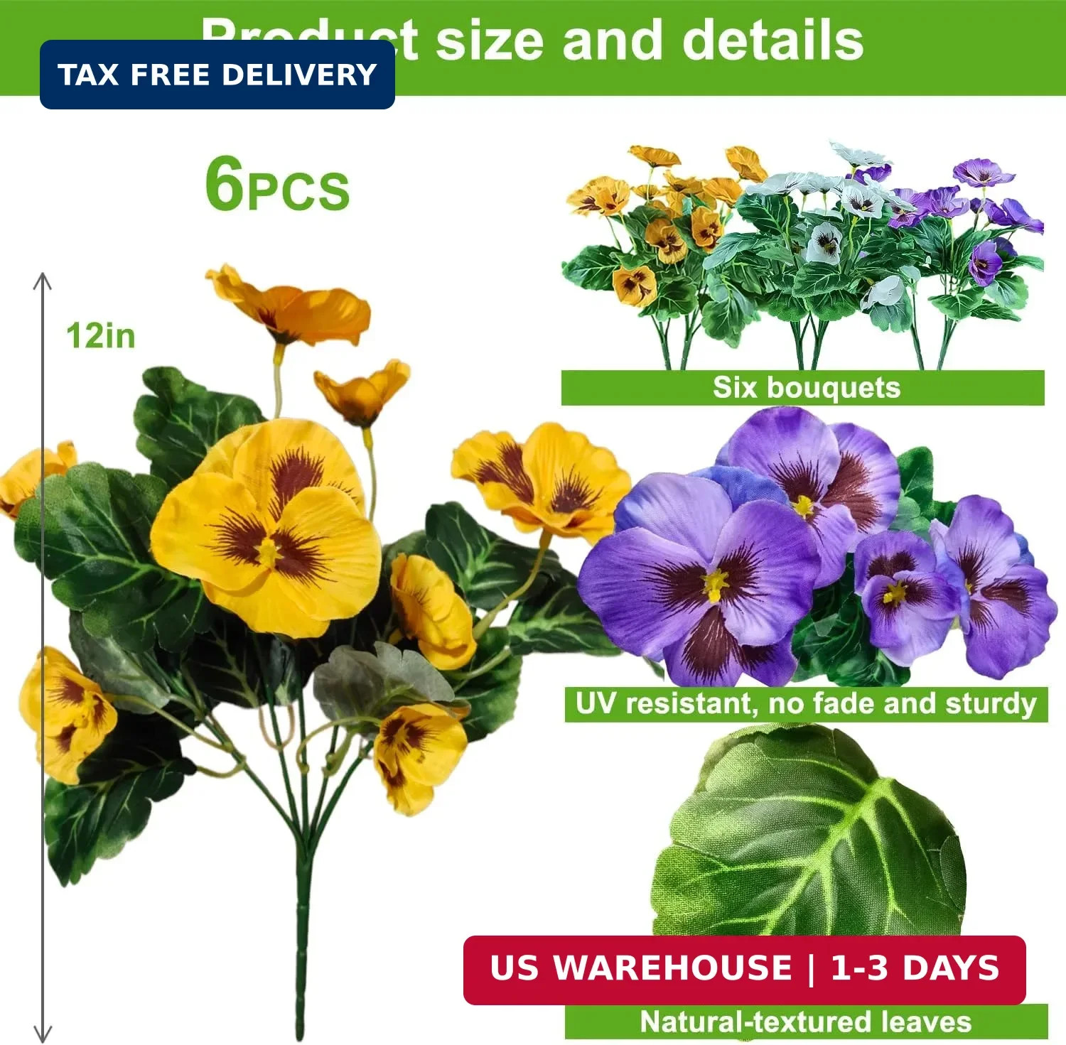 6 Bundles Outdoor Artificial Pansy Flowers – UV Resistant Silk Faux Pansies (Pur