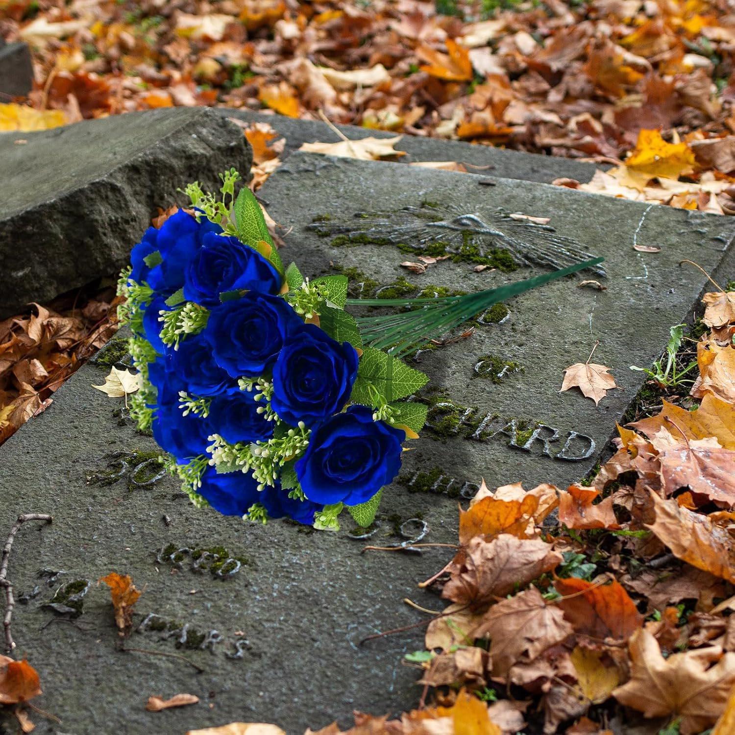 Cemetery Decorations for Grave-18 Blue Silk Memorial Artificial Rose Flower for