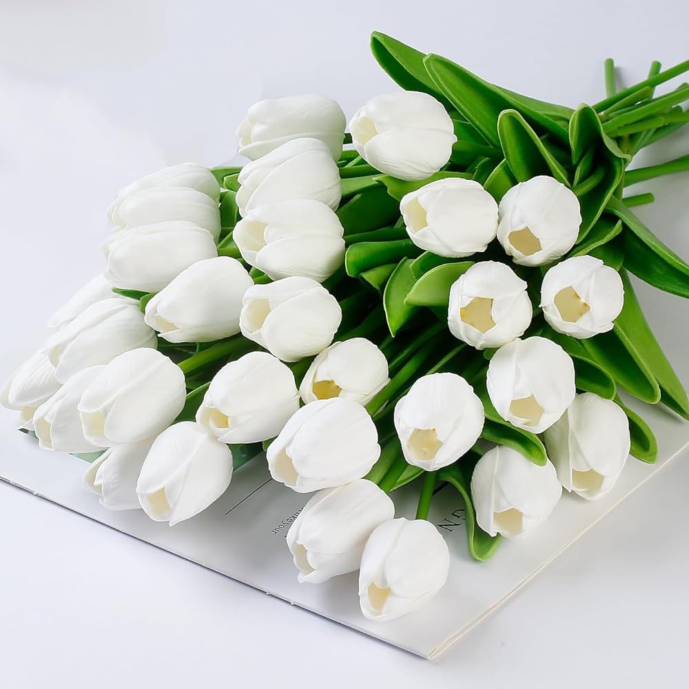 30PCS Artificial Tulips PU Real Touch Single Stem Fake Flowers Bouquet Arrang…