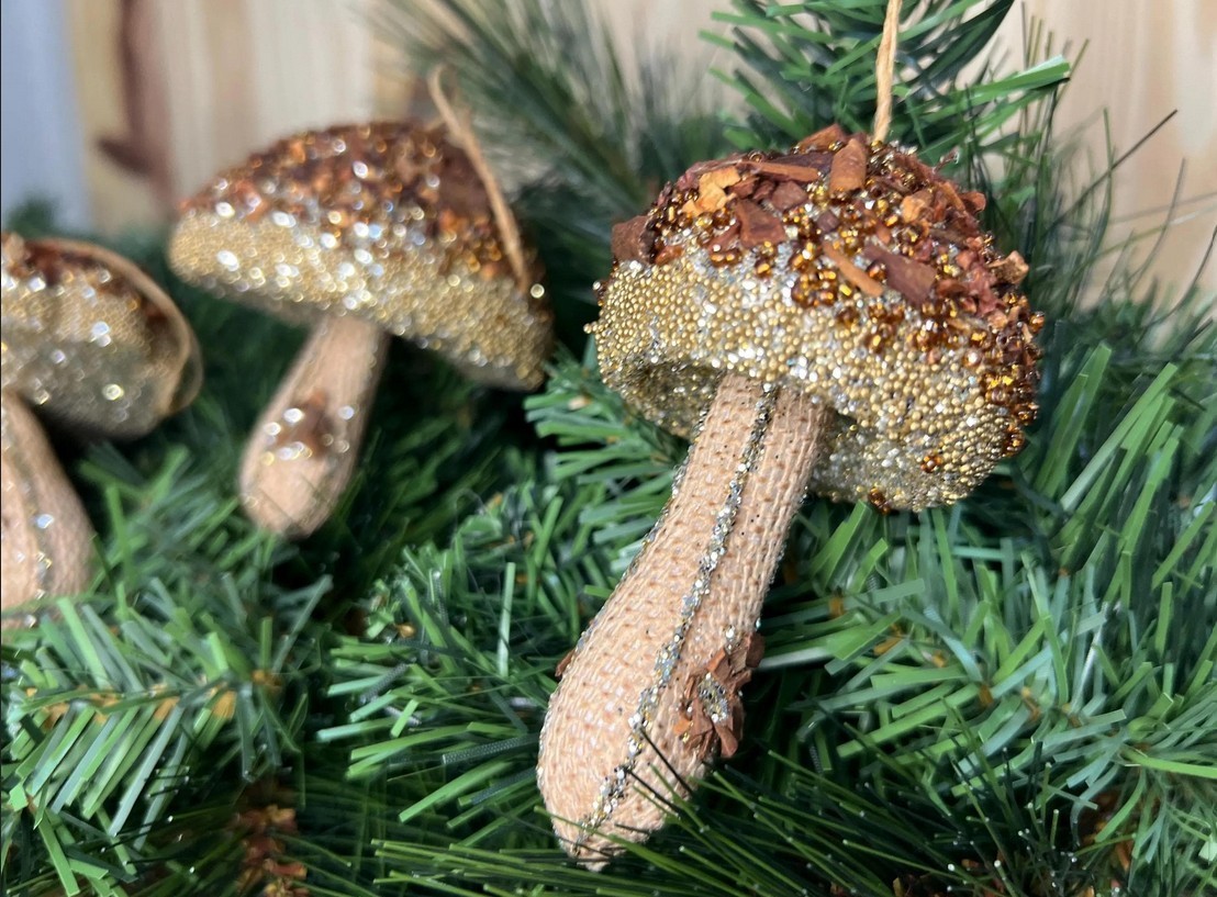 Glitter Mushroom Christmas Ornaments Set of 3 Rustic Woodland Gold Bead Tree Dec