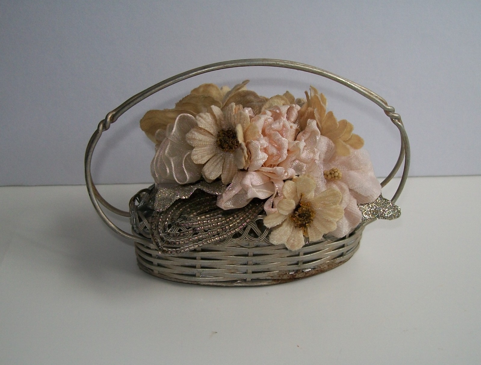 Silver Metal Flower Basket with Beaded Leaves & Velvet Flowers