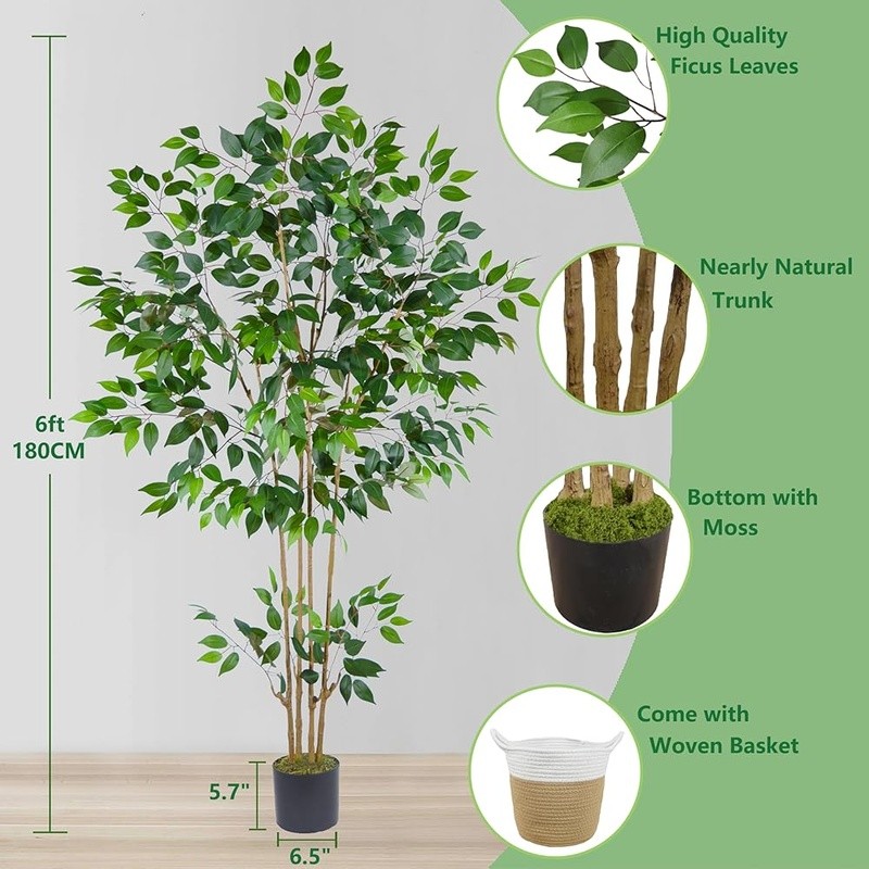 Artificial Ficus Tree W/ Woven Basket Realistic Indoor Outdoor Decor 72 Inch New