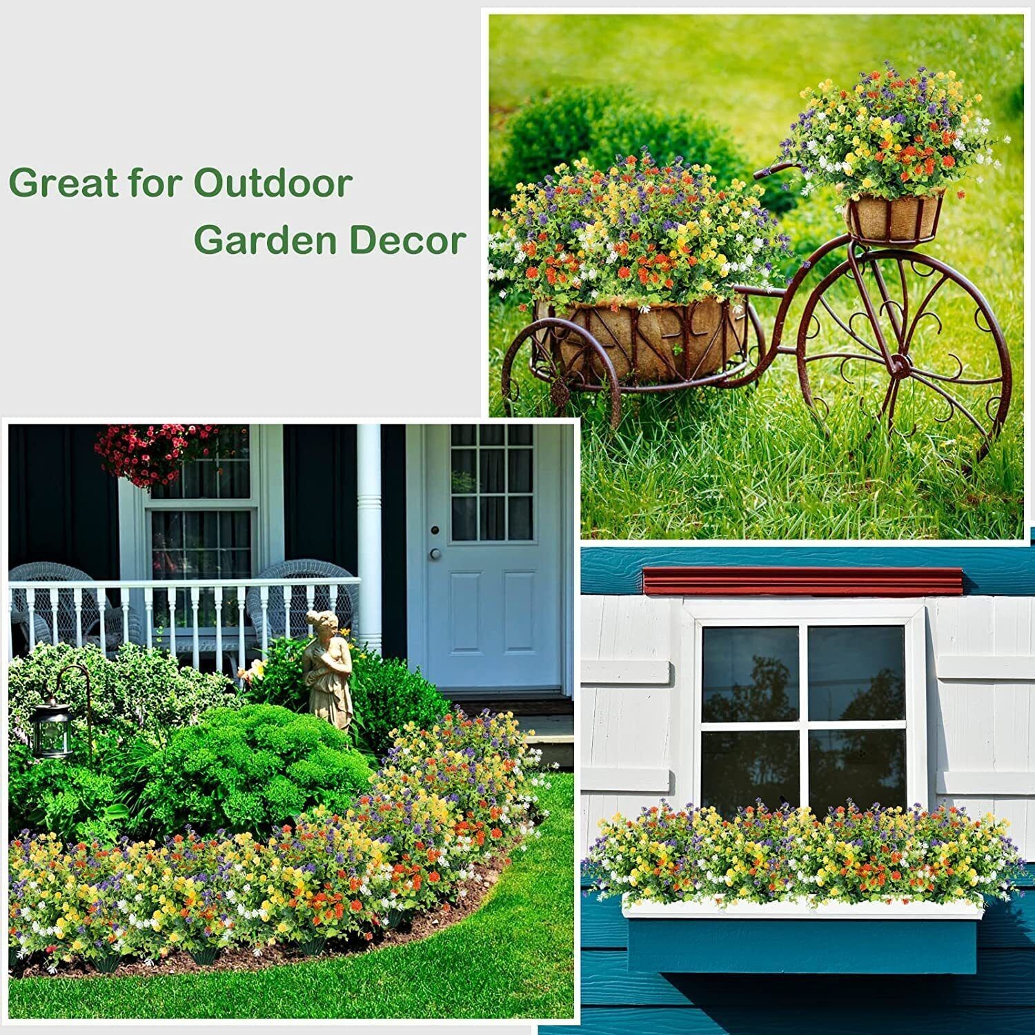 10 Bundles Faux Plastic Flowers UV Resistant Artificial Shrubs for Outdoor Decor