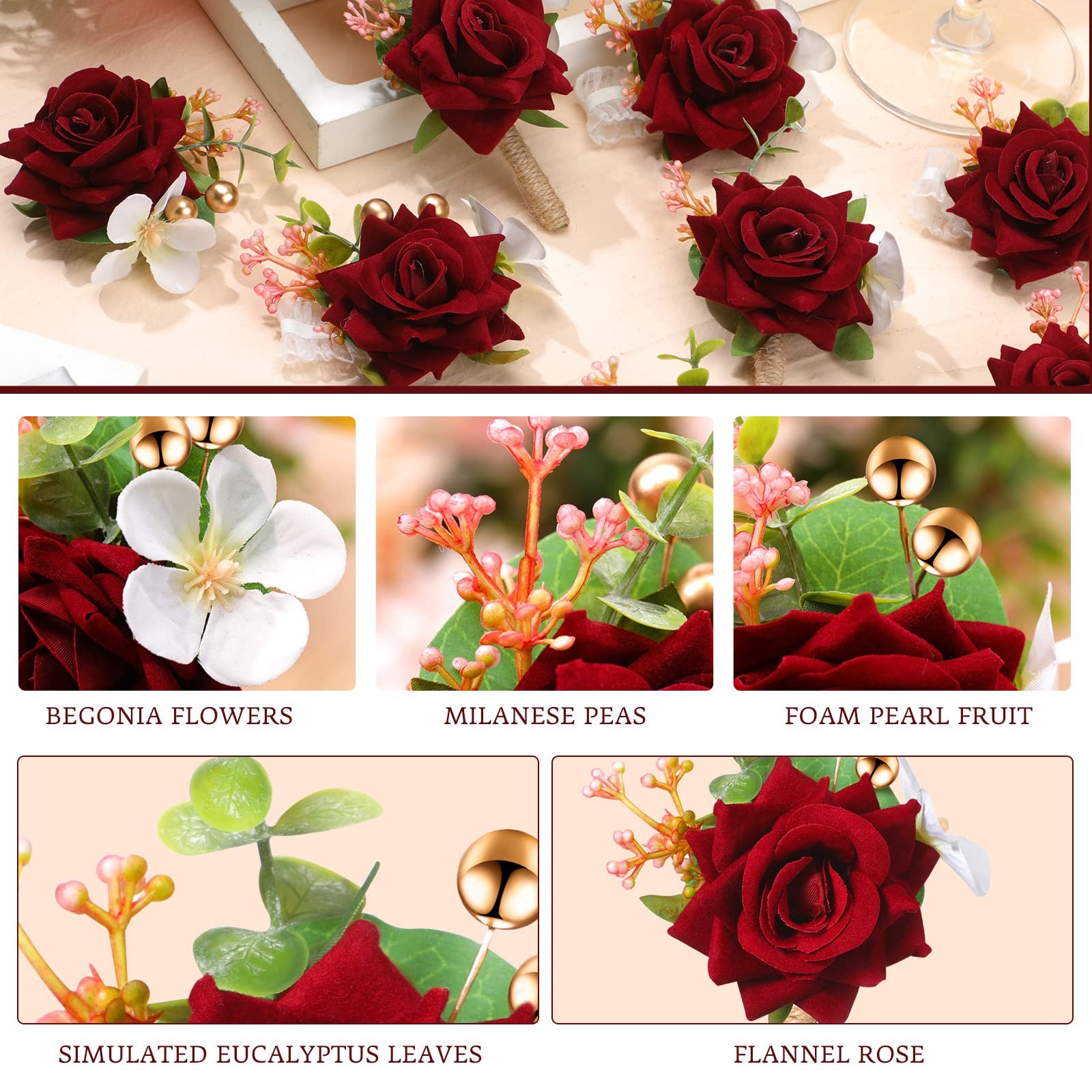 12 Pcs Red Rose Burgundy Boutonniere, Fall Wedding, Corsage Set, Pin, Groom