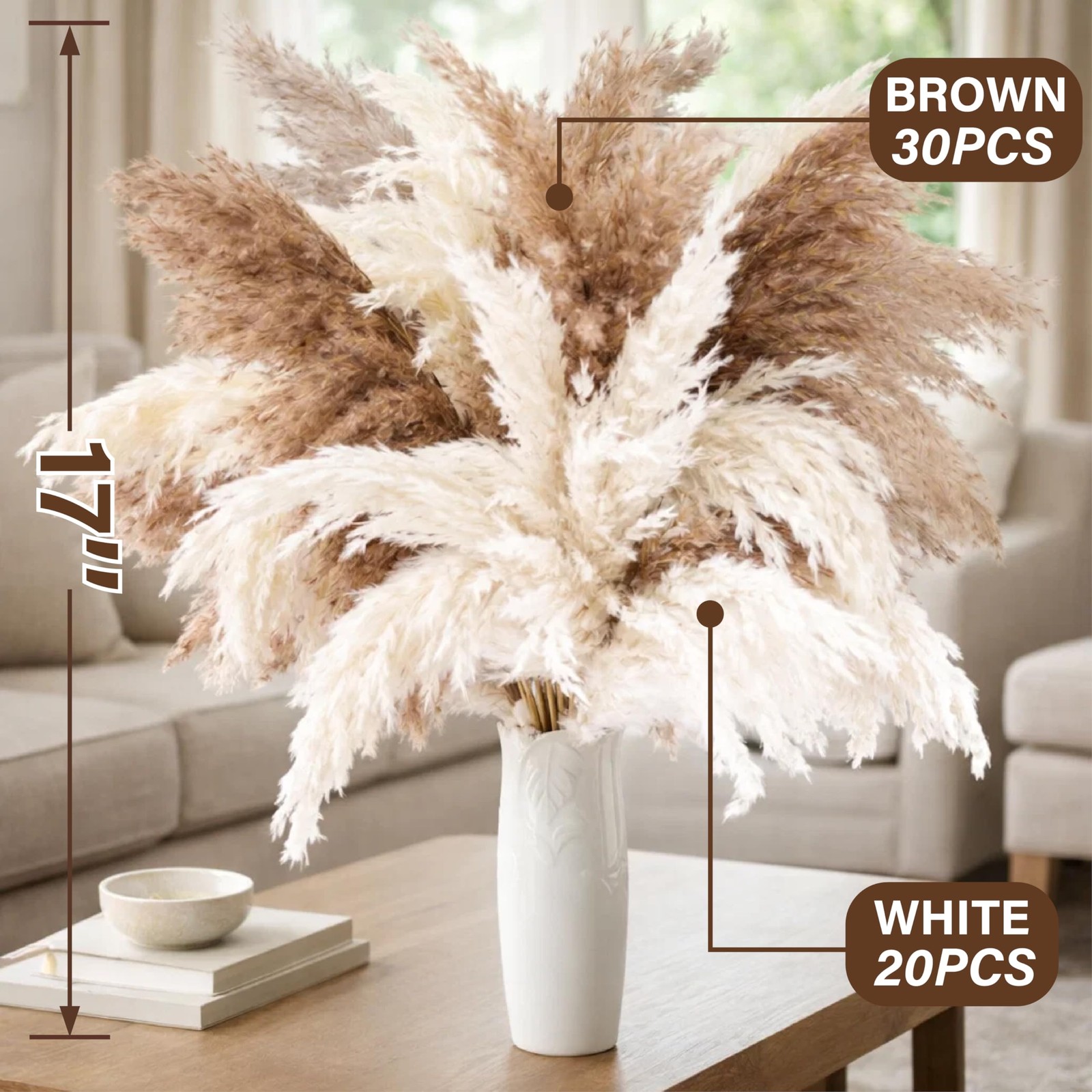 50 PCS Tall Pampas Grass for Floor Vase – 17″ Natural Fluffy Dried Pampas Gra…