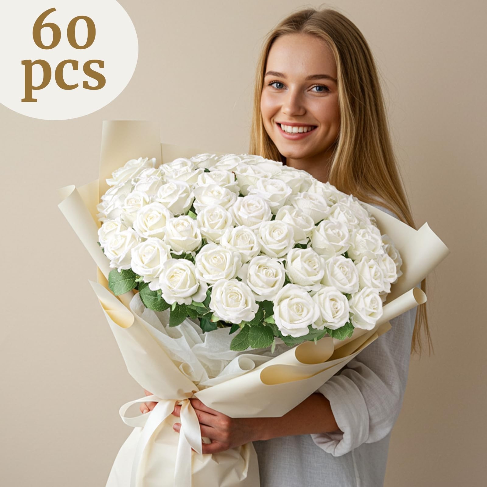 60PCS Artificial Roses Bulk, White Velvet Silk Fake Roses, Realistic White Fl…
