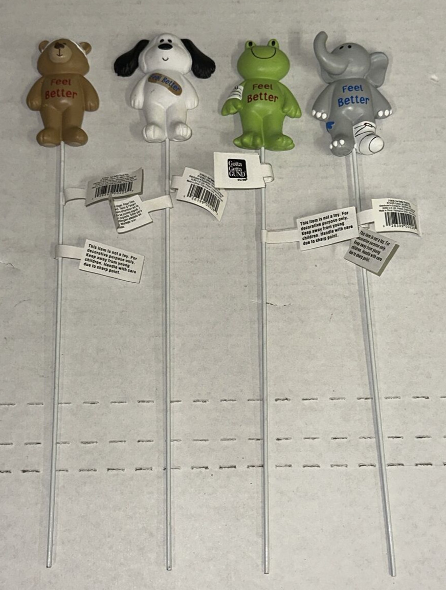 Lot x4 Get Well Soon Feel Better Gund Ceramic Floral Picks Dog Bear Frog 11″ Set
