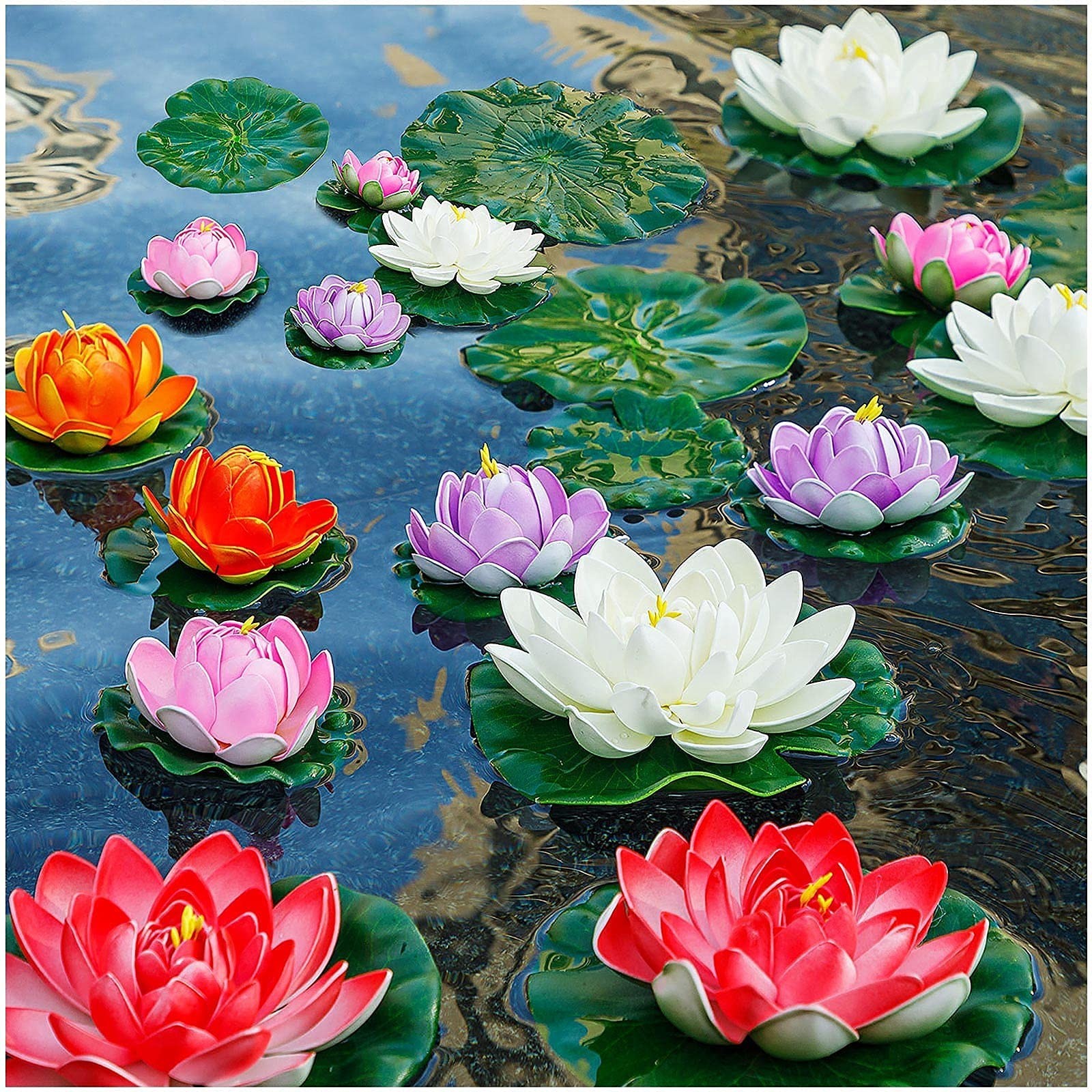 Floating Foam Lotus Flowers & Lily Pads for Pond Decor, 14PCS – 11in & 6in Koi F