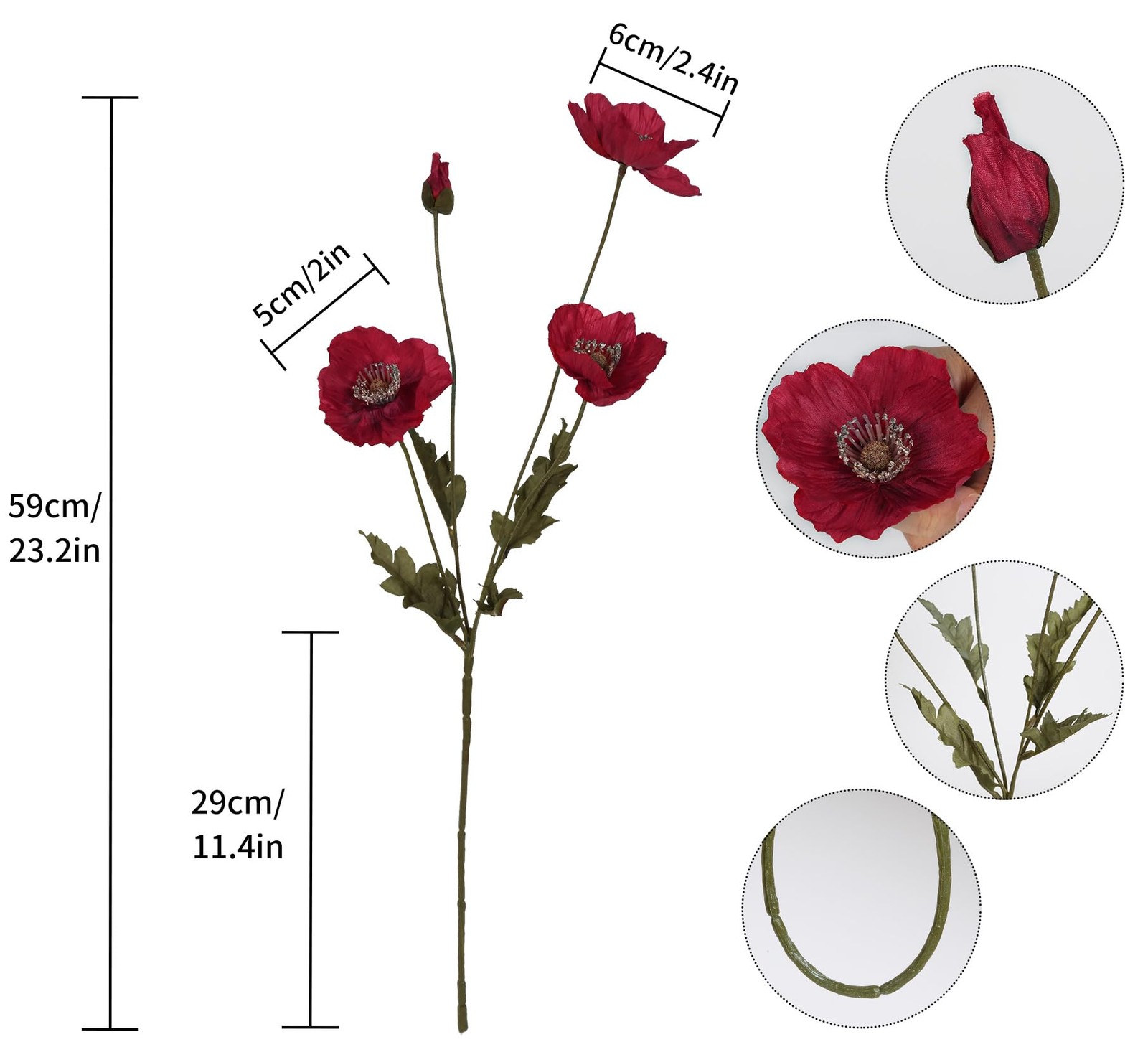 Red Poppies Artificial Flowers 6 PCS Faux Silk Poppies Real Look
