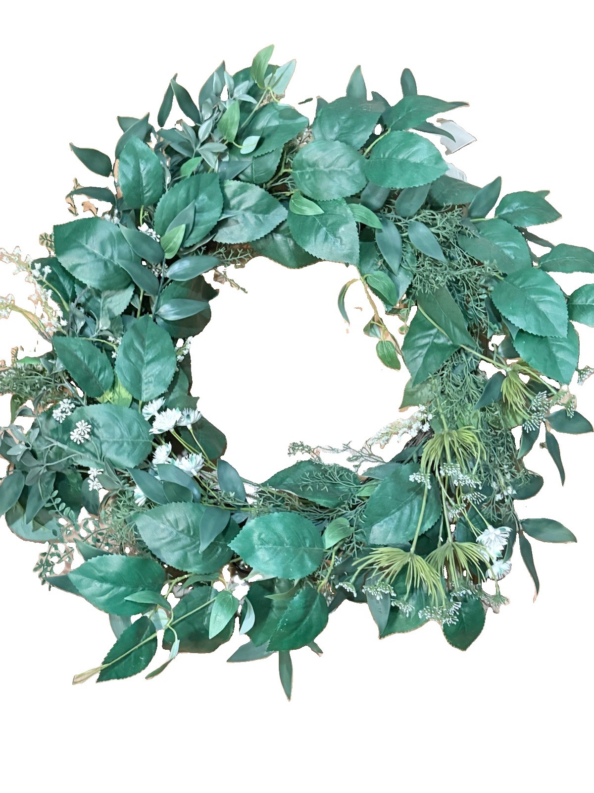 24” Artificial Greenery Wreath Mixed Foliage White Flowers Farmhouse Décor