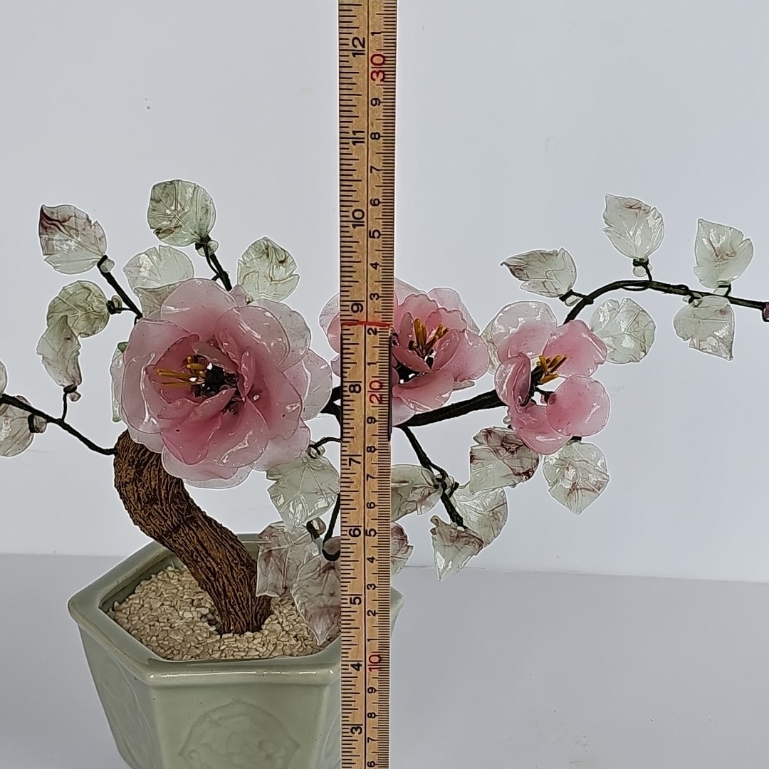 Vintage Chinese Glass Bonsai Tree Pink Cherry Blossom Celadon Pot Chinoiserie