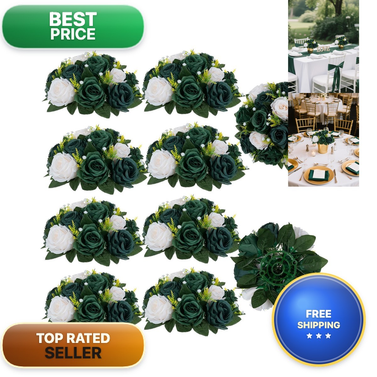 BLOSMON Green Artificial Flowers for Weddings 10 Pcs Fake Rose Balls