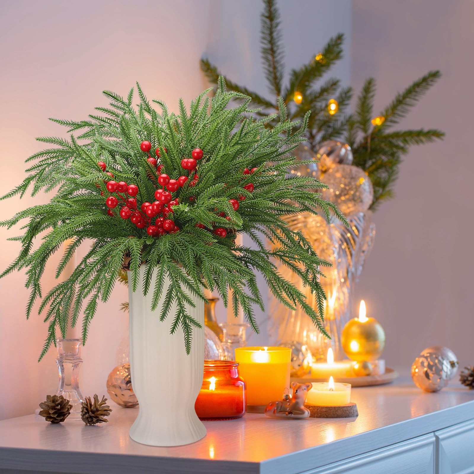 Riceshoot 12 Pcs Norfolk Pine Branches with Red Berries Pine Cones 17.7″ Green