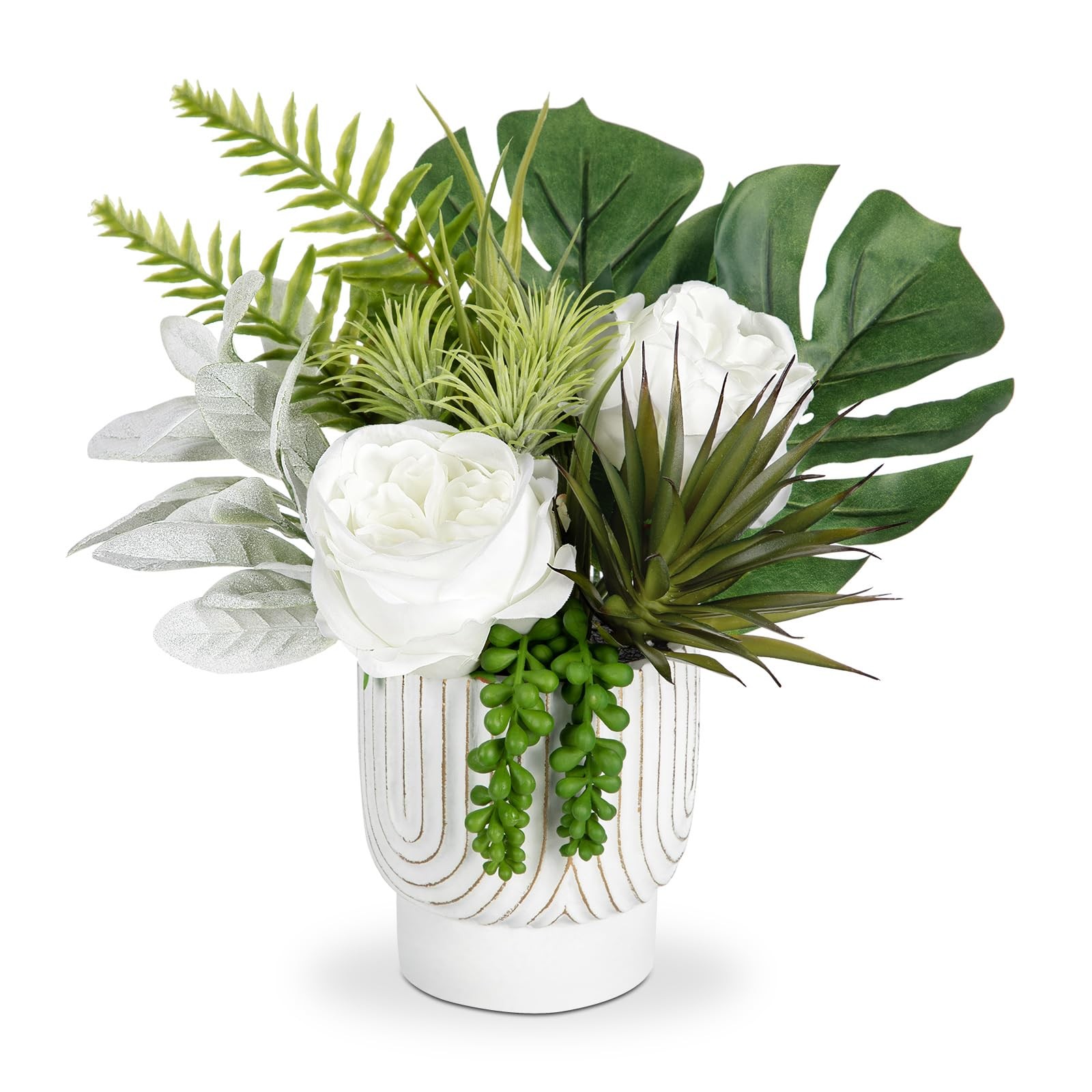 Faux Peony with Pot Small Table Plant Fake Flowers in White Vase for Home Dec…