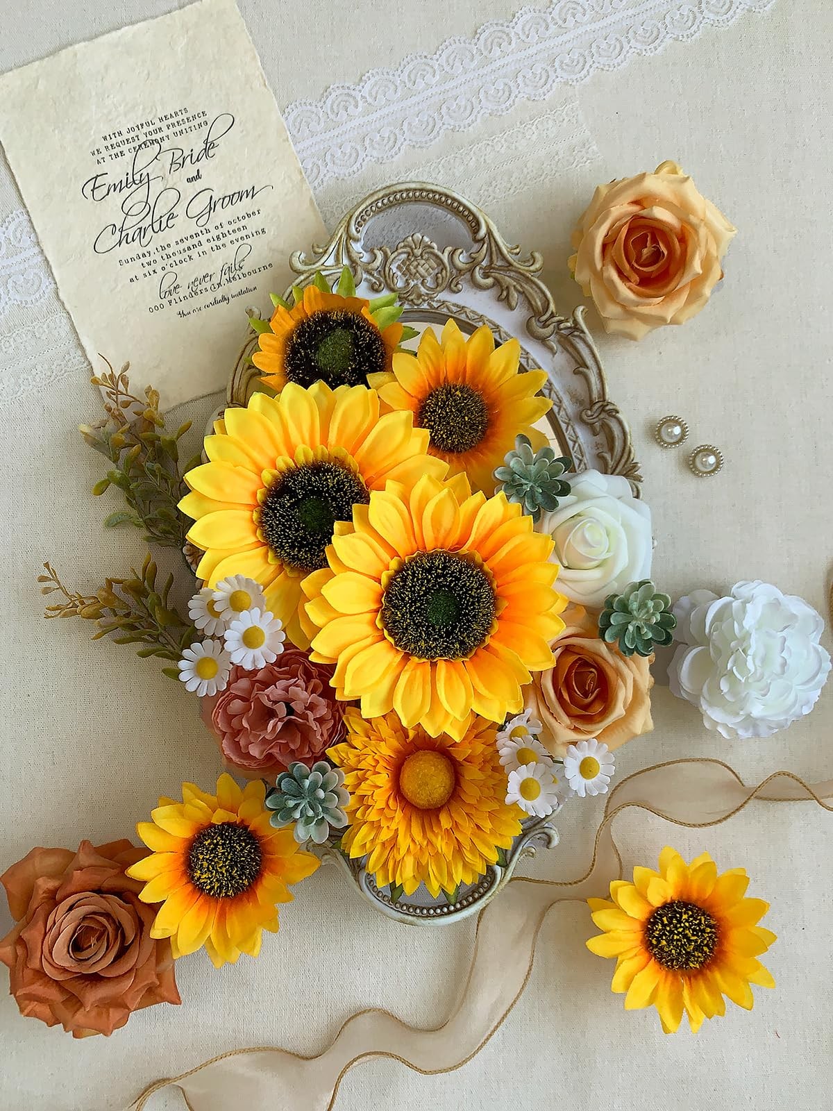 Yellow Sunflower Artificial Fake Silk Flower Bouquet Box Set Centerpiece Decor