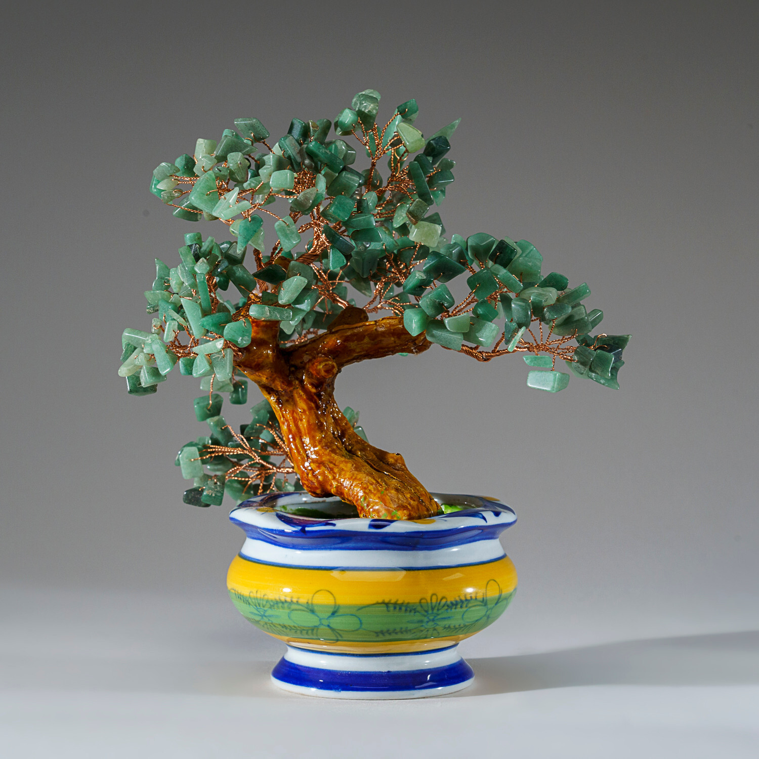 Genuine Green Aventurine Gemstone Bonsai Tree in Round Ceramic Pot (8.5”)