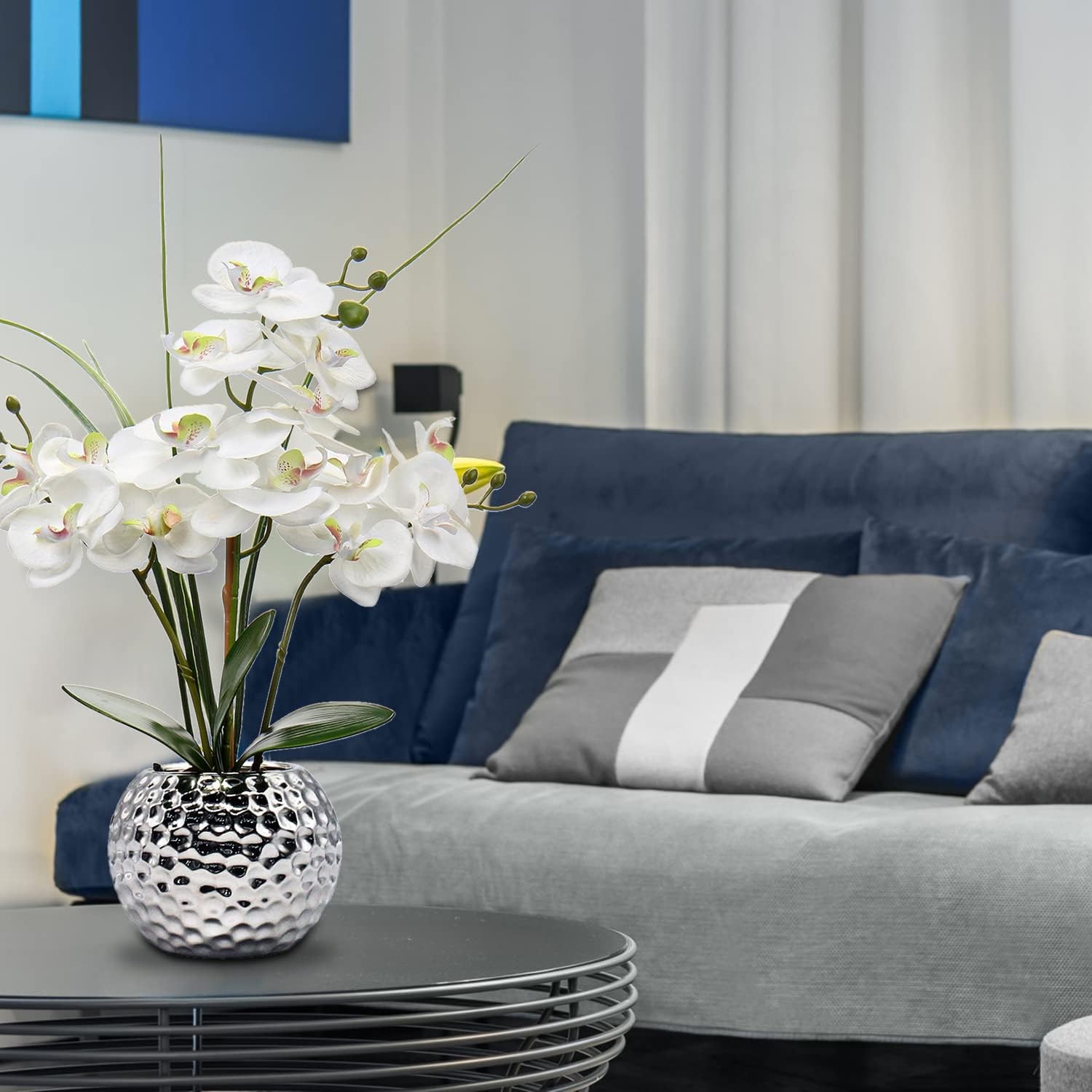 White Phalaenopsis Orchid Artificial Flowers 20.8″ Faux Plant in Silver Pot