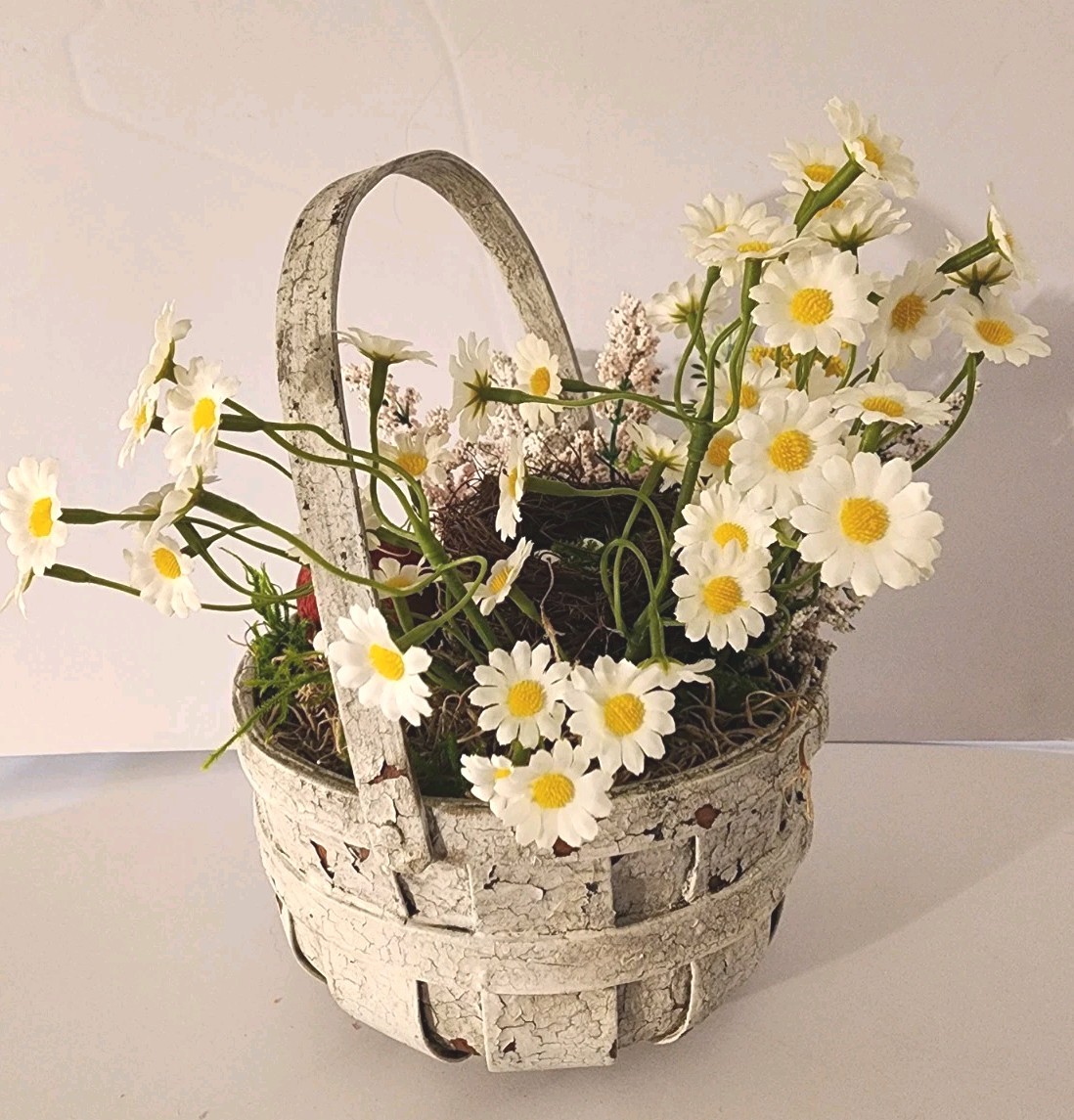 Artificial Bird Floral Arrangement In Crackled Apple Basket Summer Accent Piece