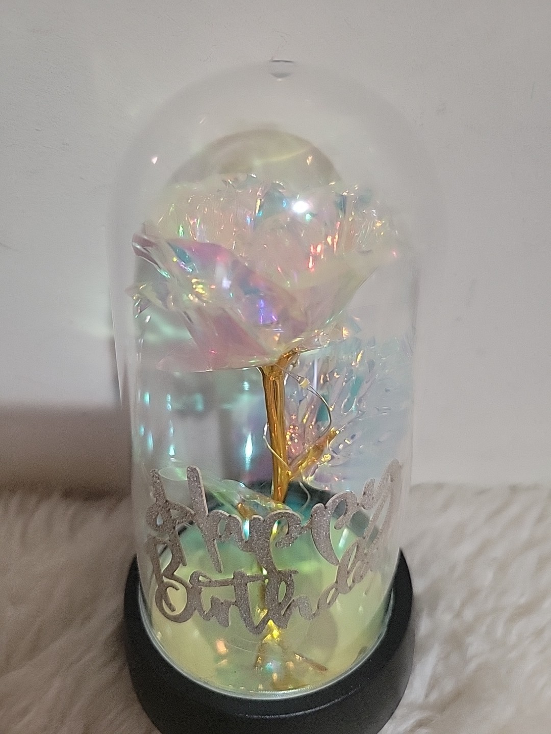 New With Box – Cryst Rose with LED Light In Dome Cover – Happy Birthday – White