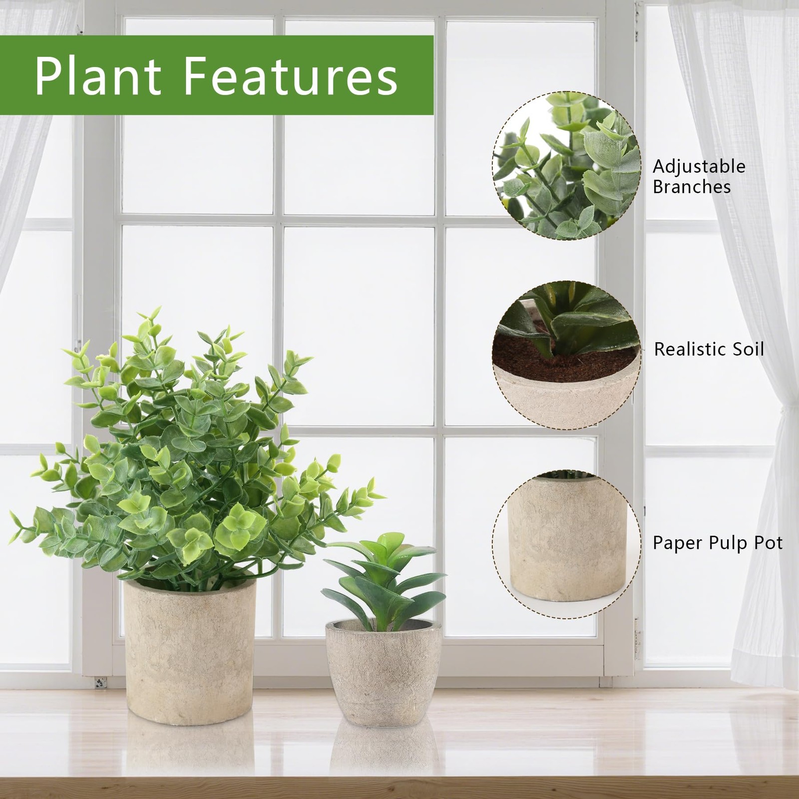 Fake Plants Indoor, 4 Small Faux Eucalyptus In Pulp Pot, Green