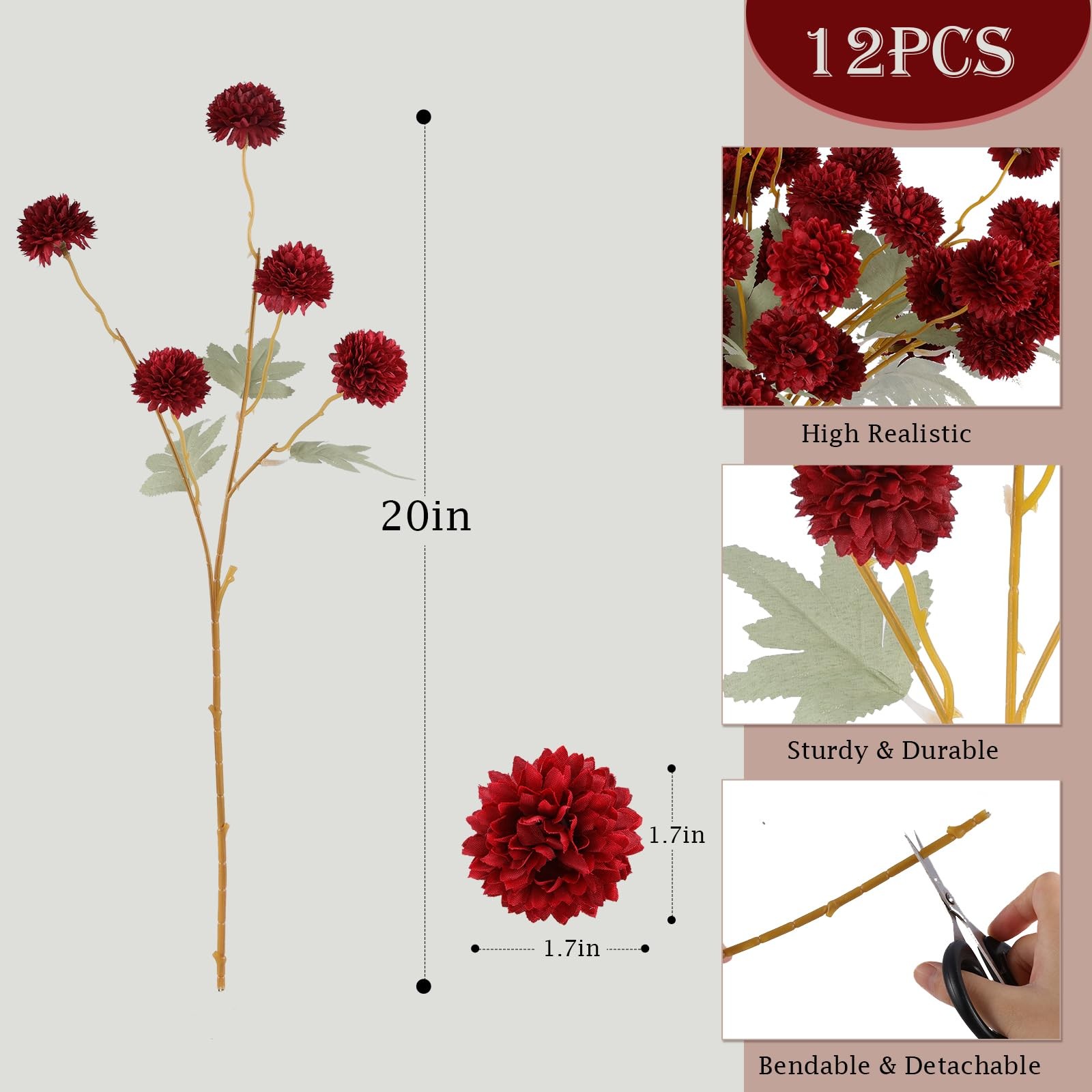 12 PCS Burgundy Red Kiku Pom Pom Chrysanthemum Artificial Flower Fall Decor