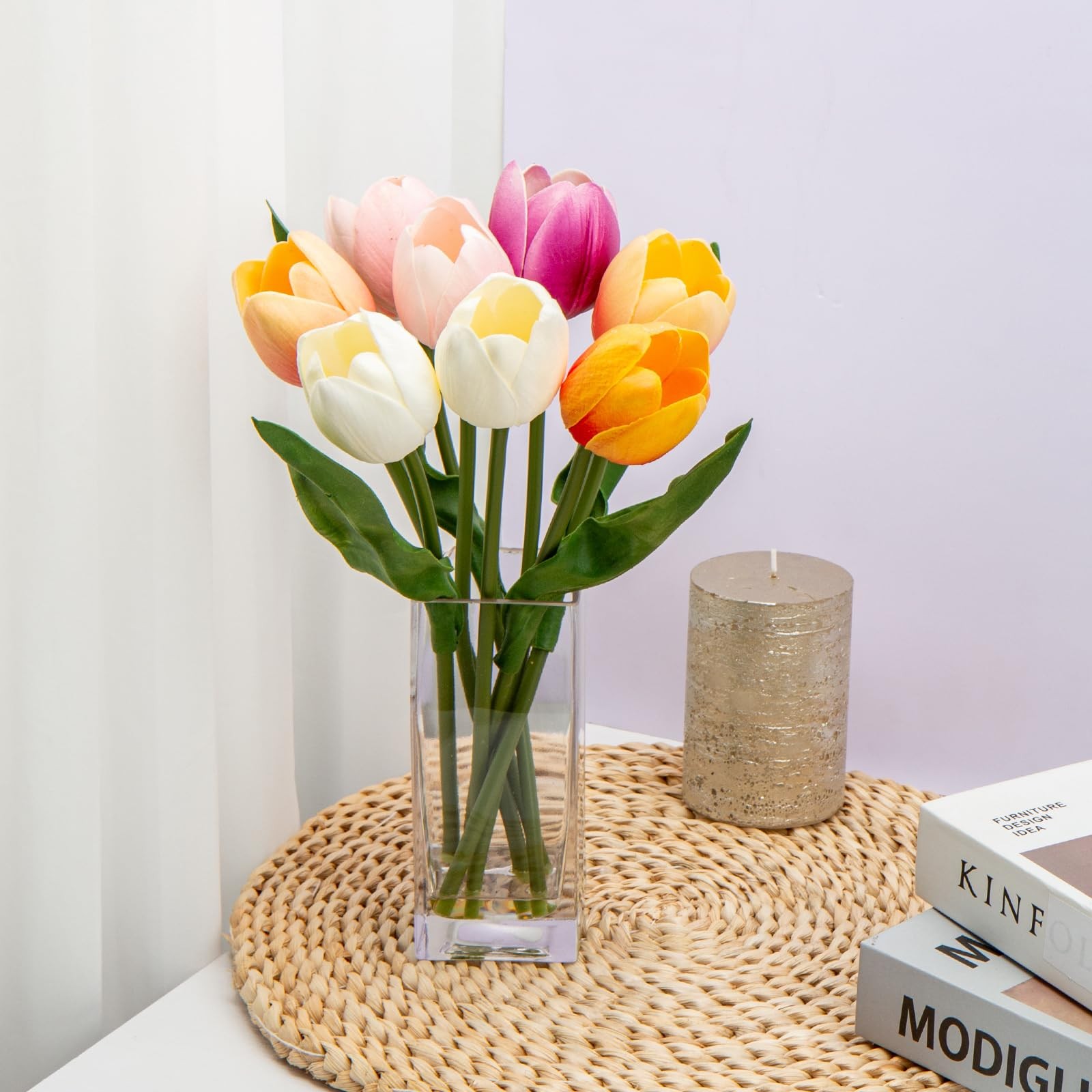Artificial Tulip Fake Flower In Clear Vase Multi Color Real Touch Arrangement