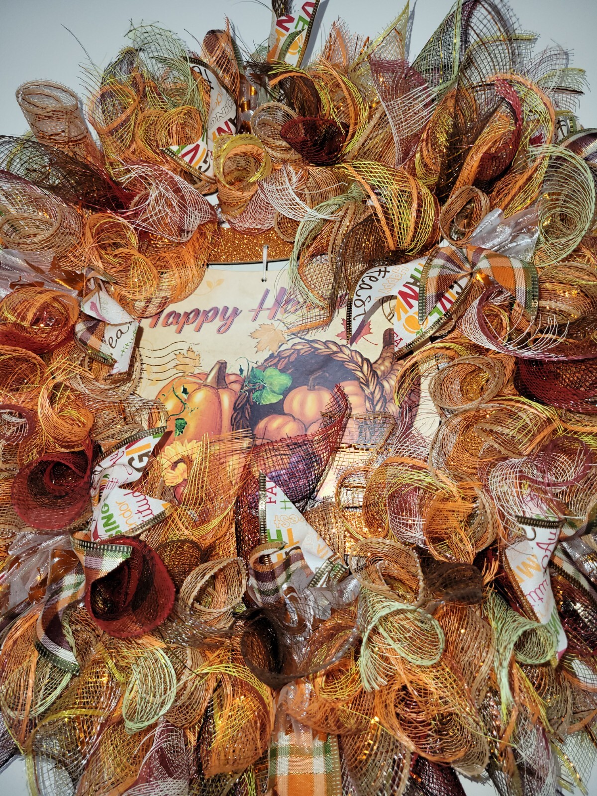 HAPPY HARVEST autumn Spring Mesh Front Door Wreath Wall Decor Bright colors