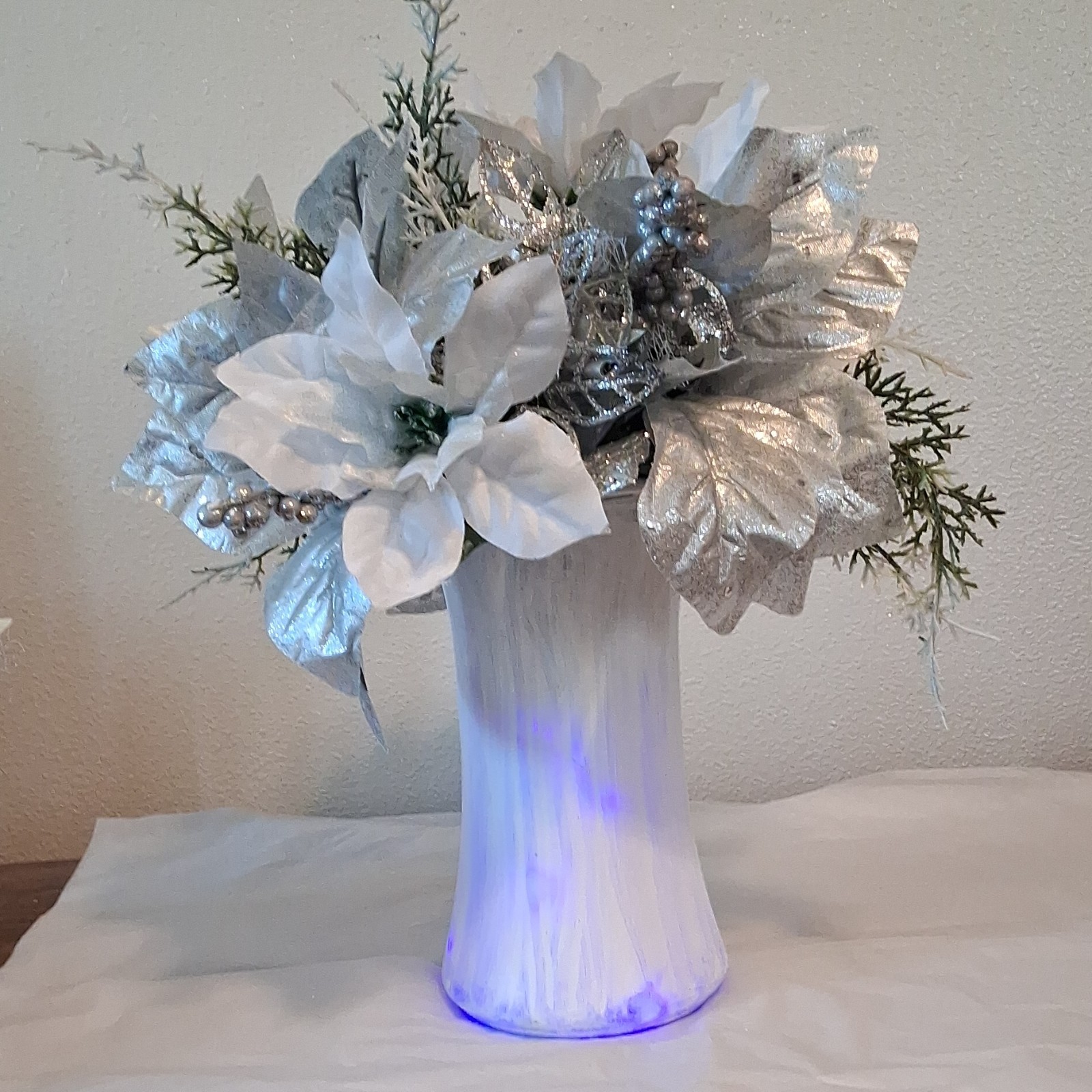 Artificial Poinsettia Arrangement Centerpiece, White Silver Green, Christmas