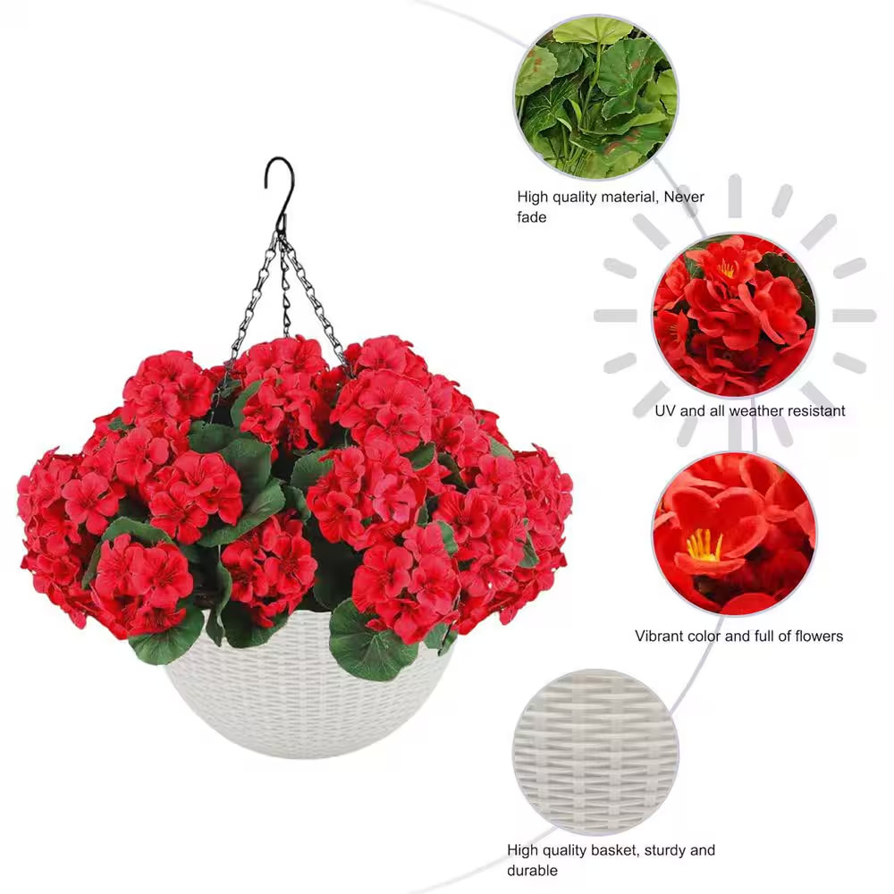 2-Set 10 In. Red Artificial Geranium Flowers W/ White Basket, Artificial Hanging