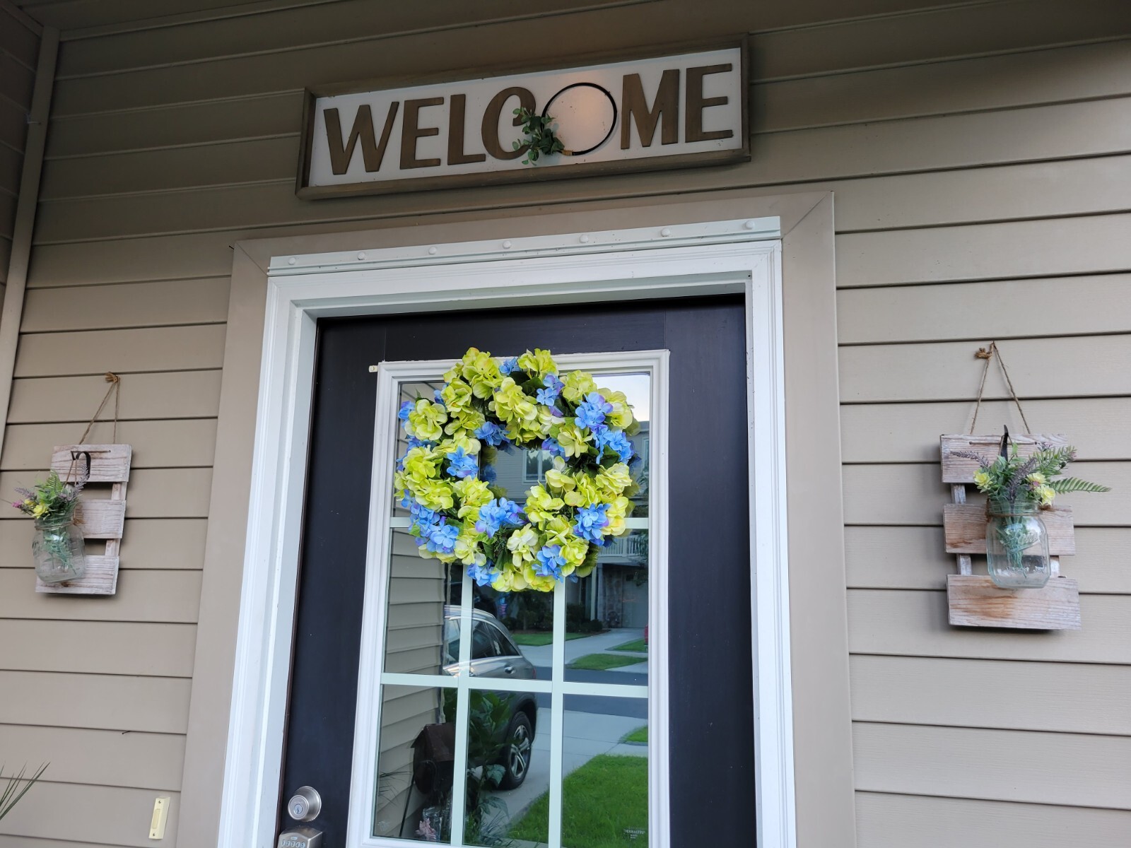 FLORAL one of a kind WREATH flowers Decor Front Door 16″ blue green Hydrangeas
