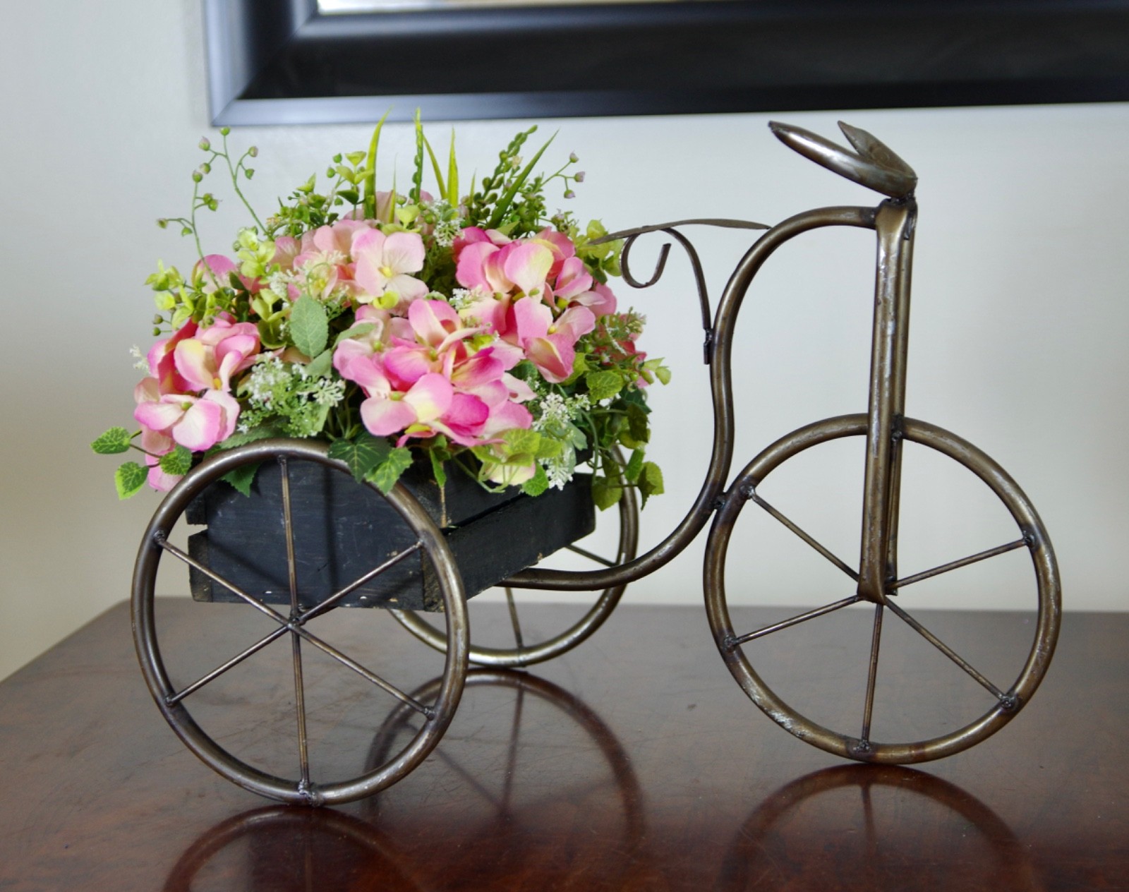 Silk Pink Hydrangeas in Metal Tricycle, Vintage Style