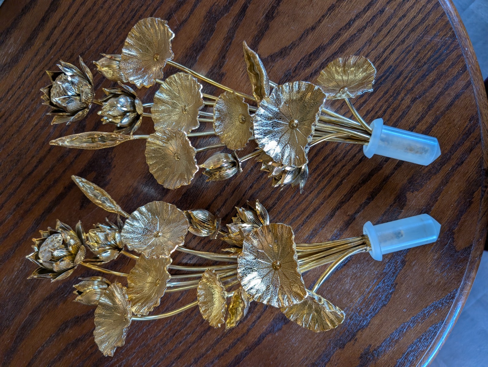 Gold Tone Metal Lotus Flower Altar Stems Set of 2 Buddhist
